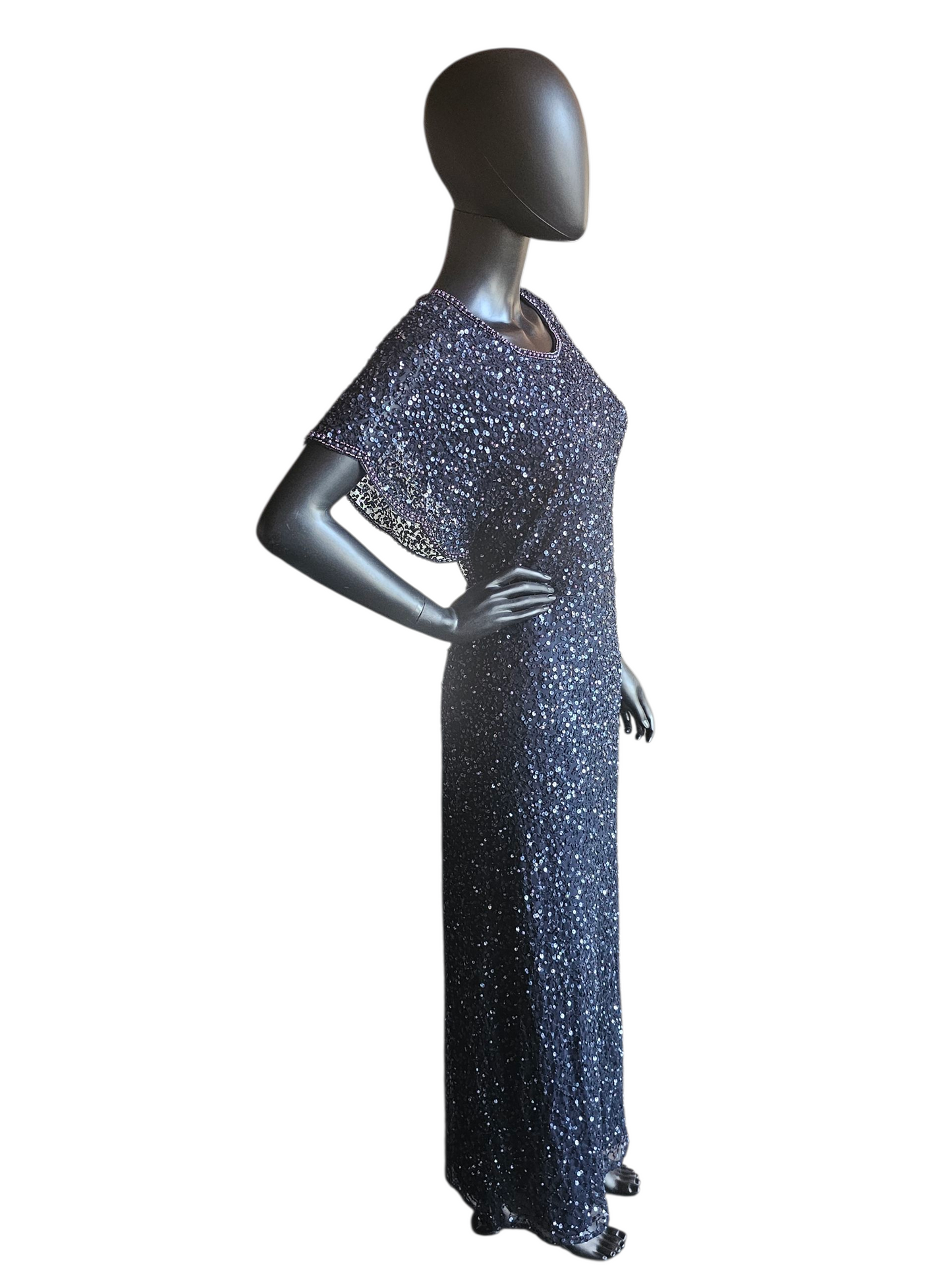 Navy Full Beaded Flutter Sleeve Formal Dress - Adrianna Papell