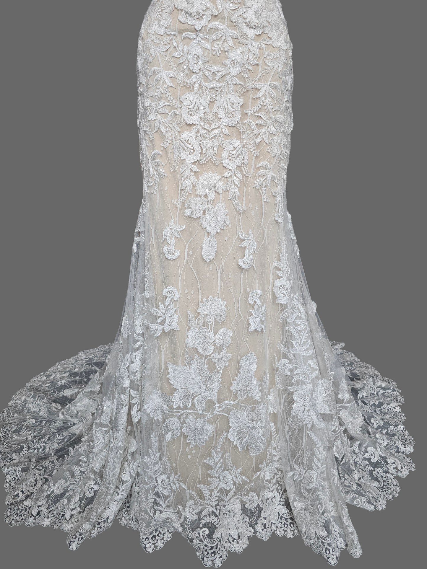 Ivory/Honey Layered Lace Fitted Off Shoulder Wedding Gown - Martin Thornburg
