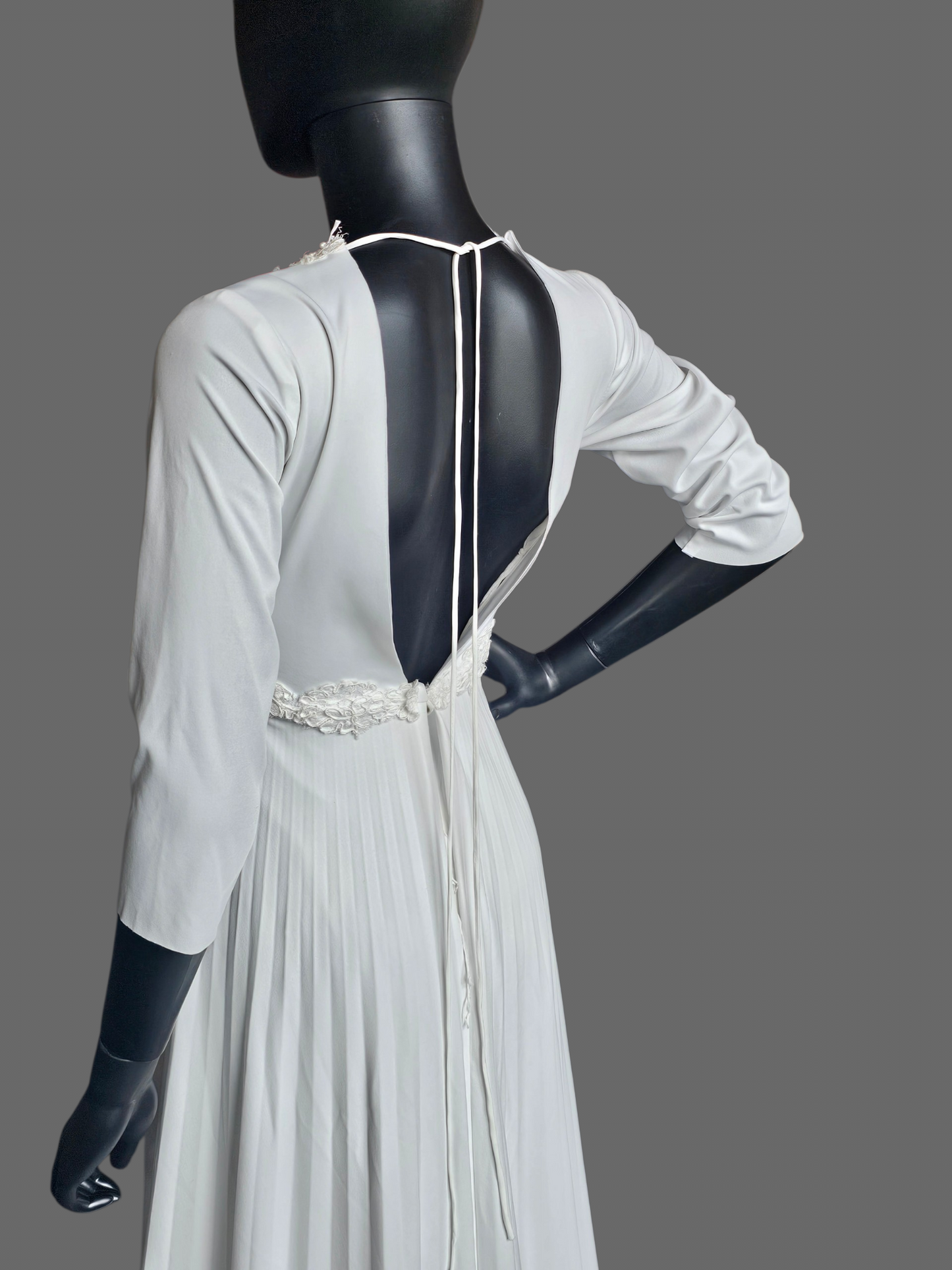 Vintage White 3/4 Sleeve Jersey Lace Detail V-Neck Wedding Gown - Renewal
