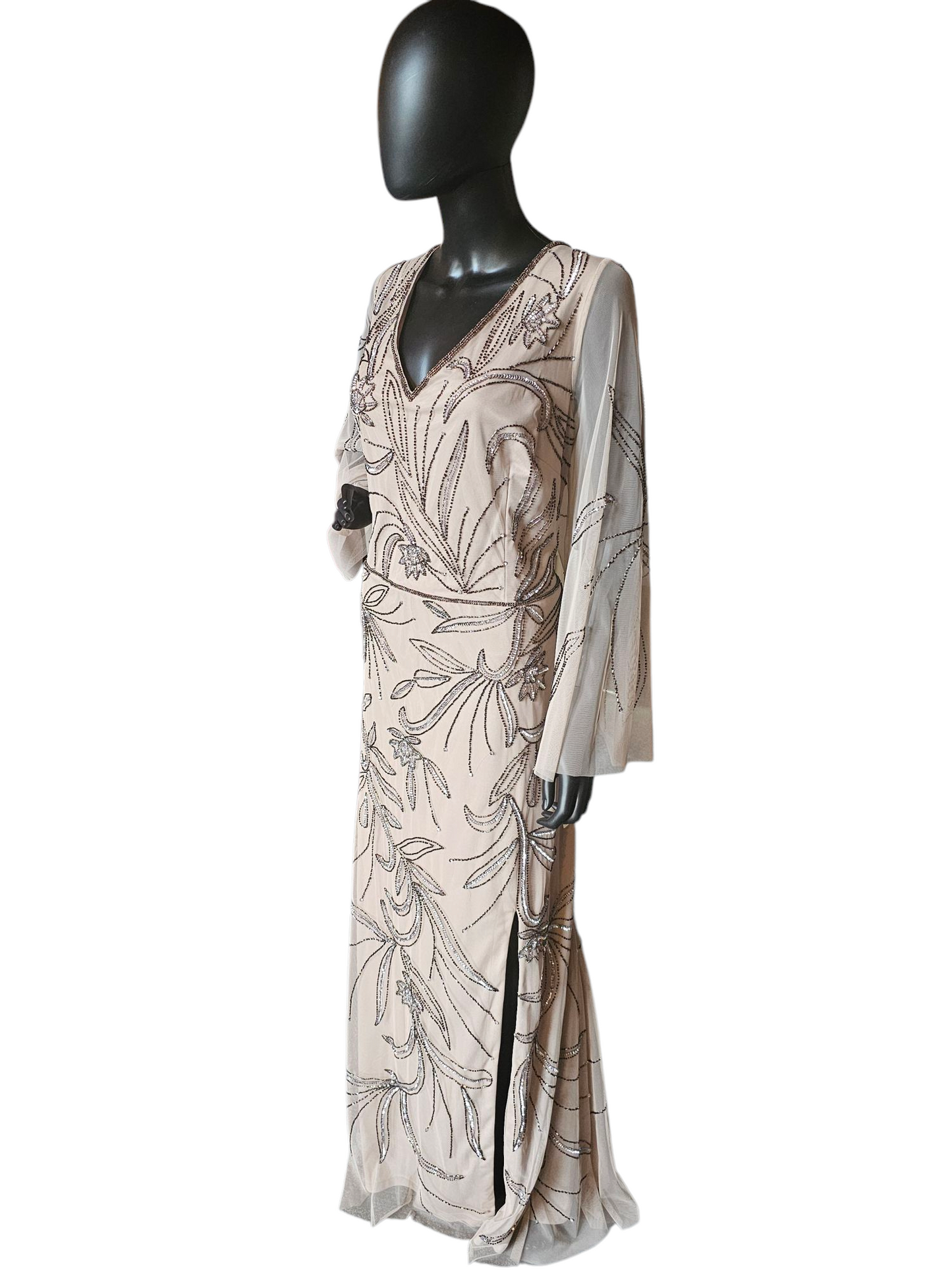 Taupe Beaded Mesh Bell Sleeve Formal Gown - Adrianna Papell