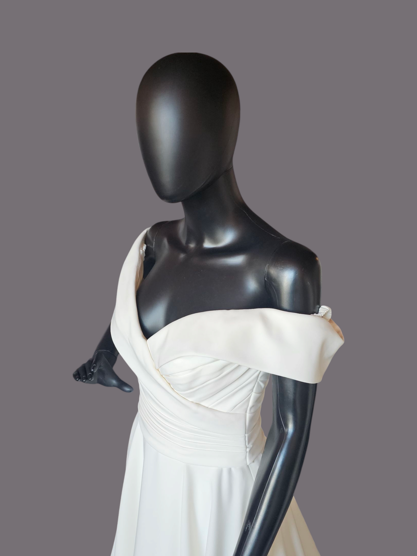 Off Shoulder/Portrait Collar Simple Ivory Crepe Wedding Gown - Mori Lee