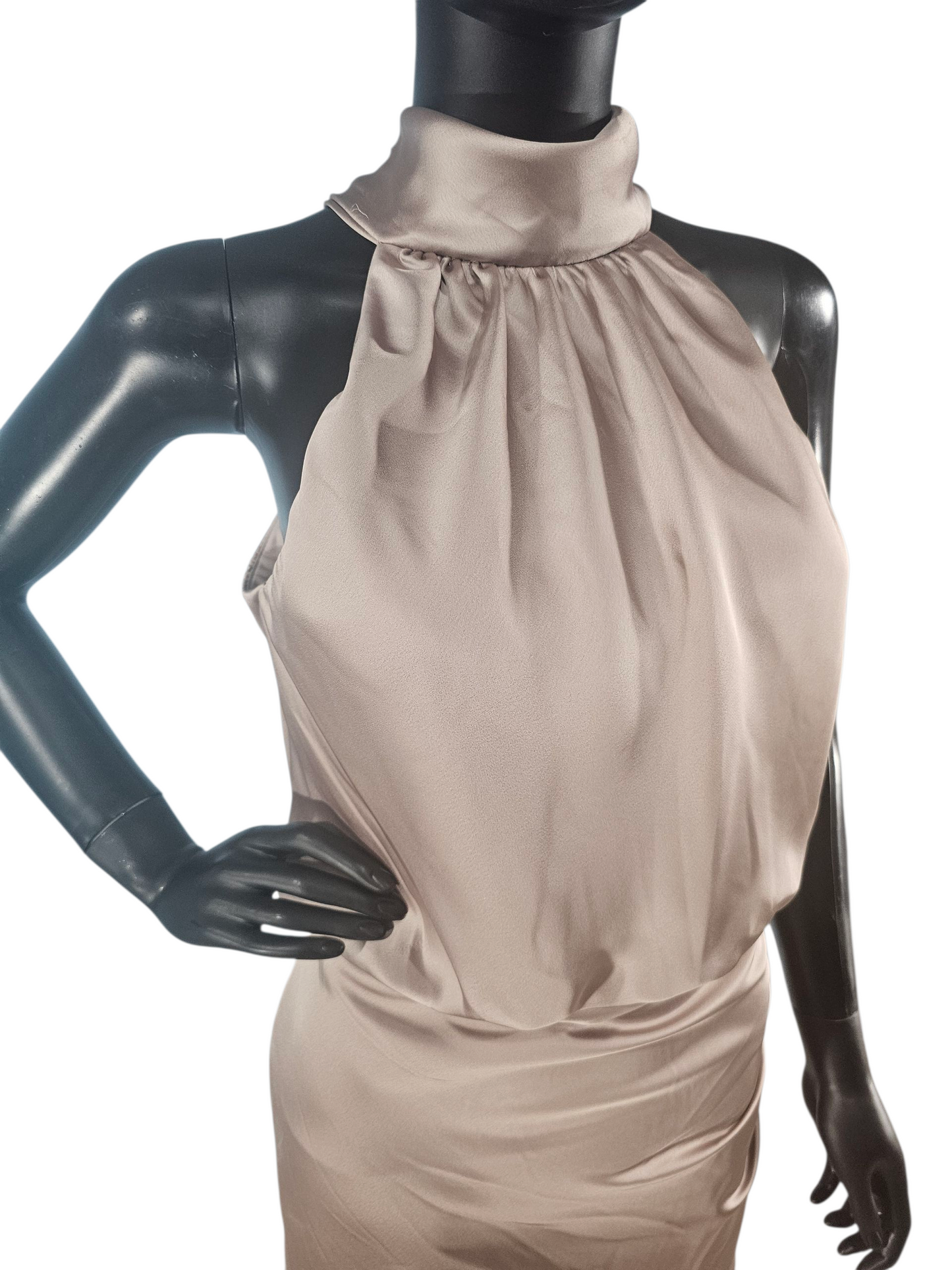 Latte Charmeuse Mock Neck Asymmetrical Cocktail Dress - Mori Lee