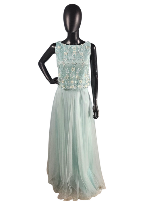 Mint Lace Bodice Full Length Formal A-Line Dress - Mori Lee