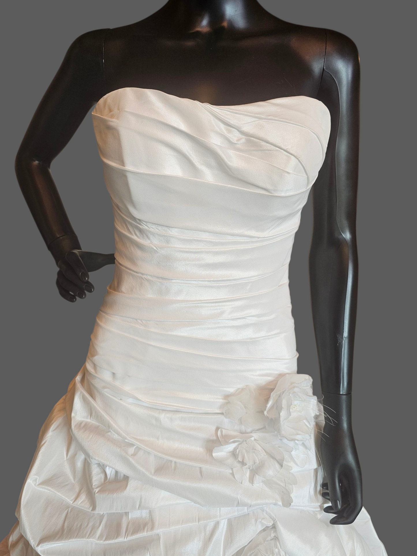White Shimmering Taffeta Dropped Waist Ruched Undertuck Cupcake Wedding Gown - Casablanca