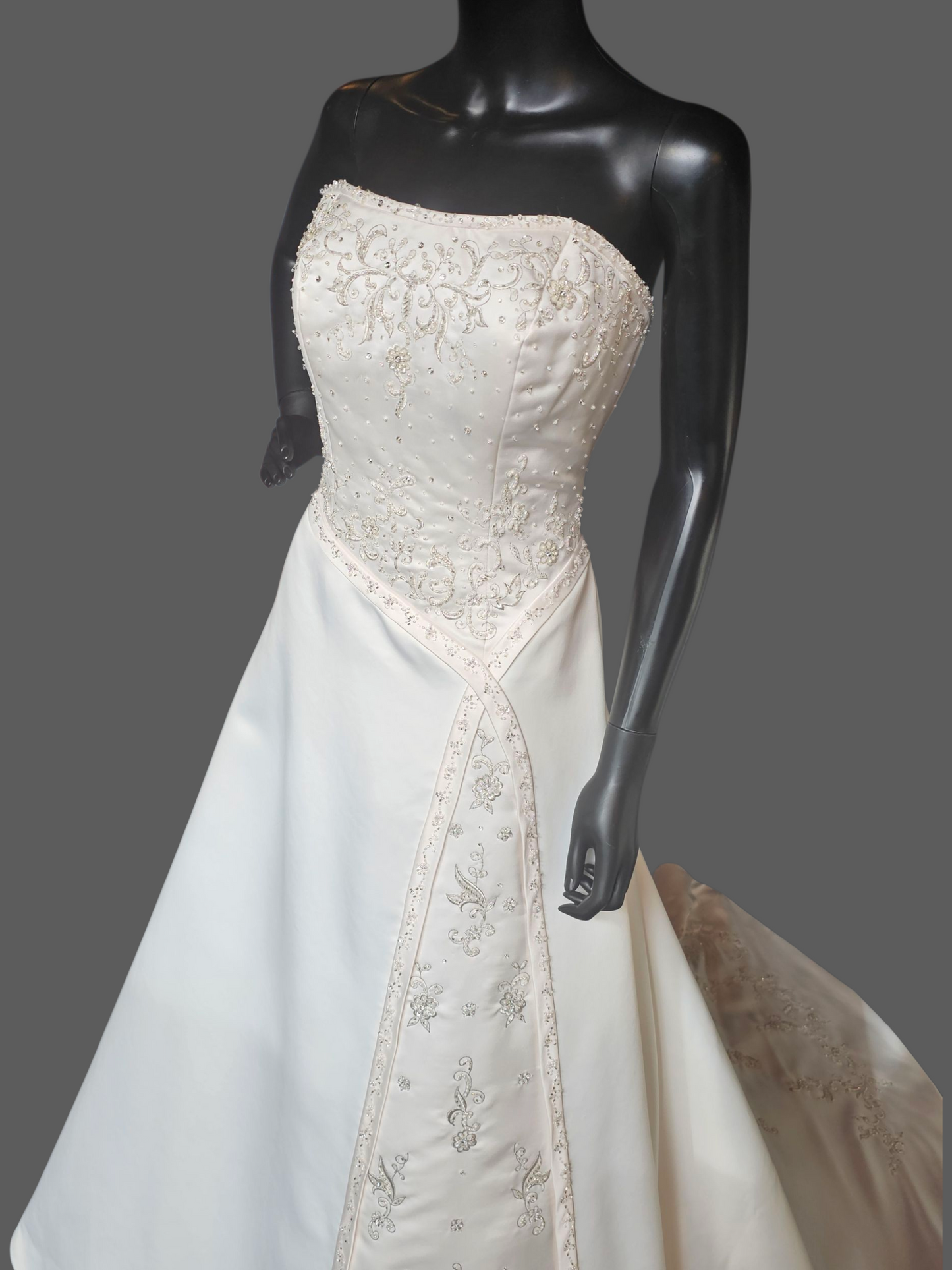 Vintage White/Blush Accent Asymetric A-Line Satin Wedding Gown - Mori Lee