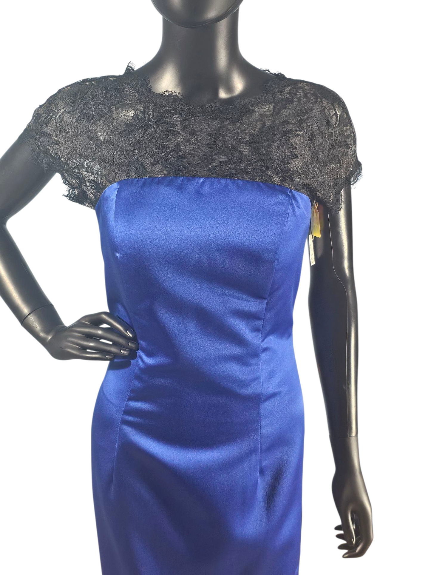 Royal Blue/Black Lace Cap Sleeve Full Length Formal Dress - Da Vinci