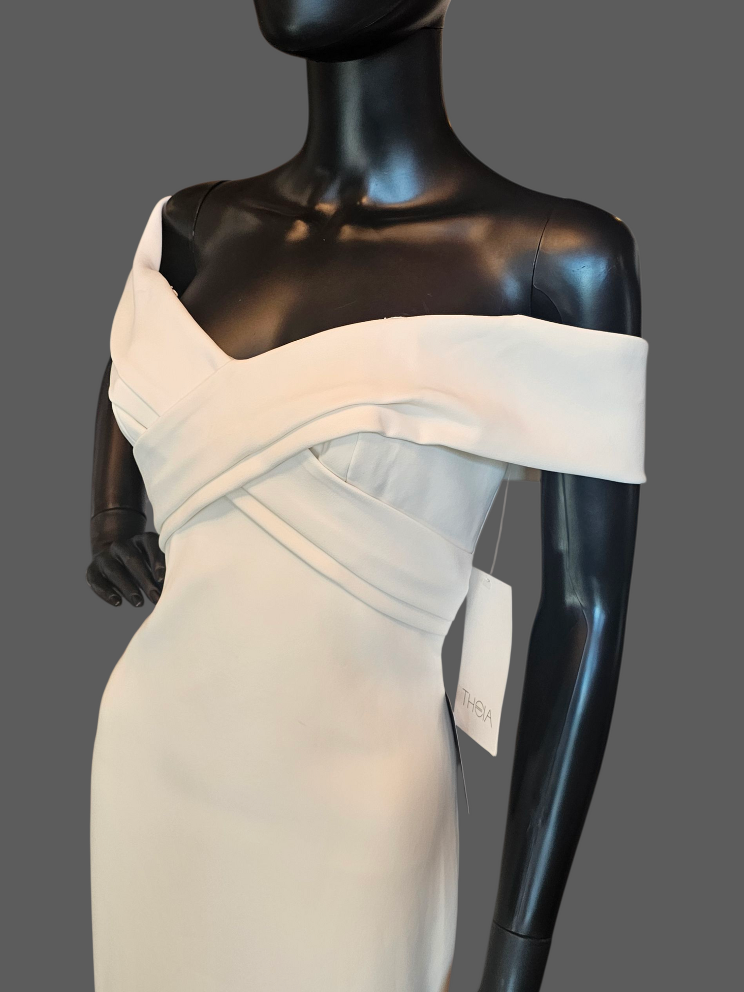 Off Shoulder Ivory Stretch Crepe Fit/Flare Wedding Gown - Theia NWT