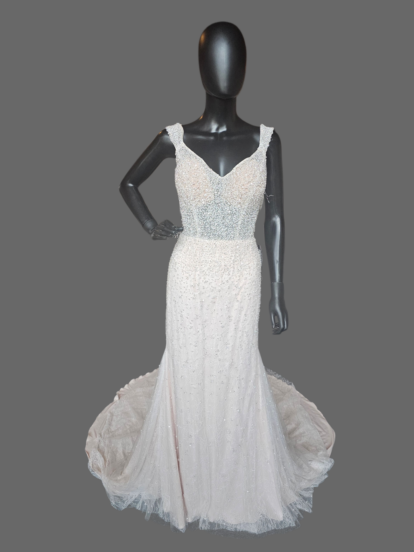 Blush V-Neck Pearl Fitted Wedding Gown - Mori Lee