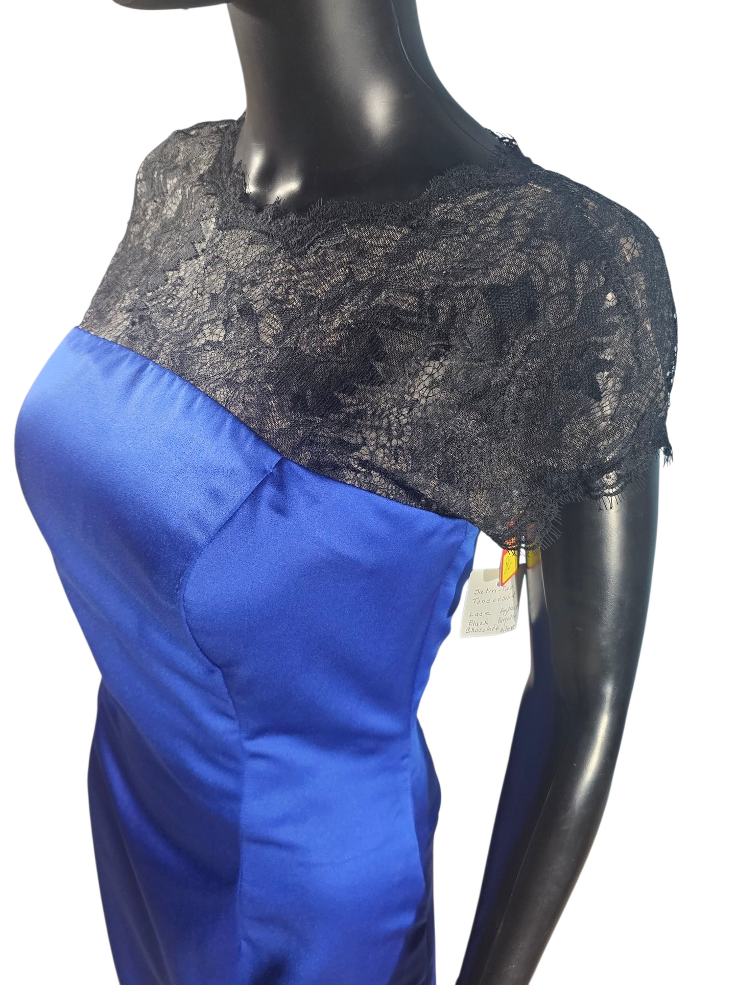 Royal Blue/Black Lace Cap Sleeve Full Length Formal Dress - Da Vinci