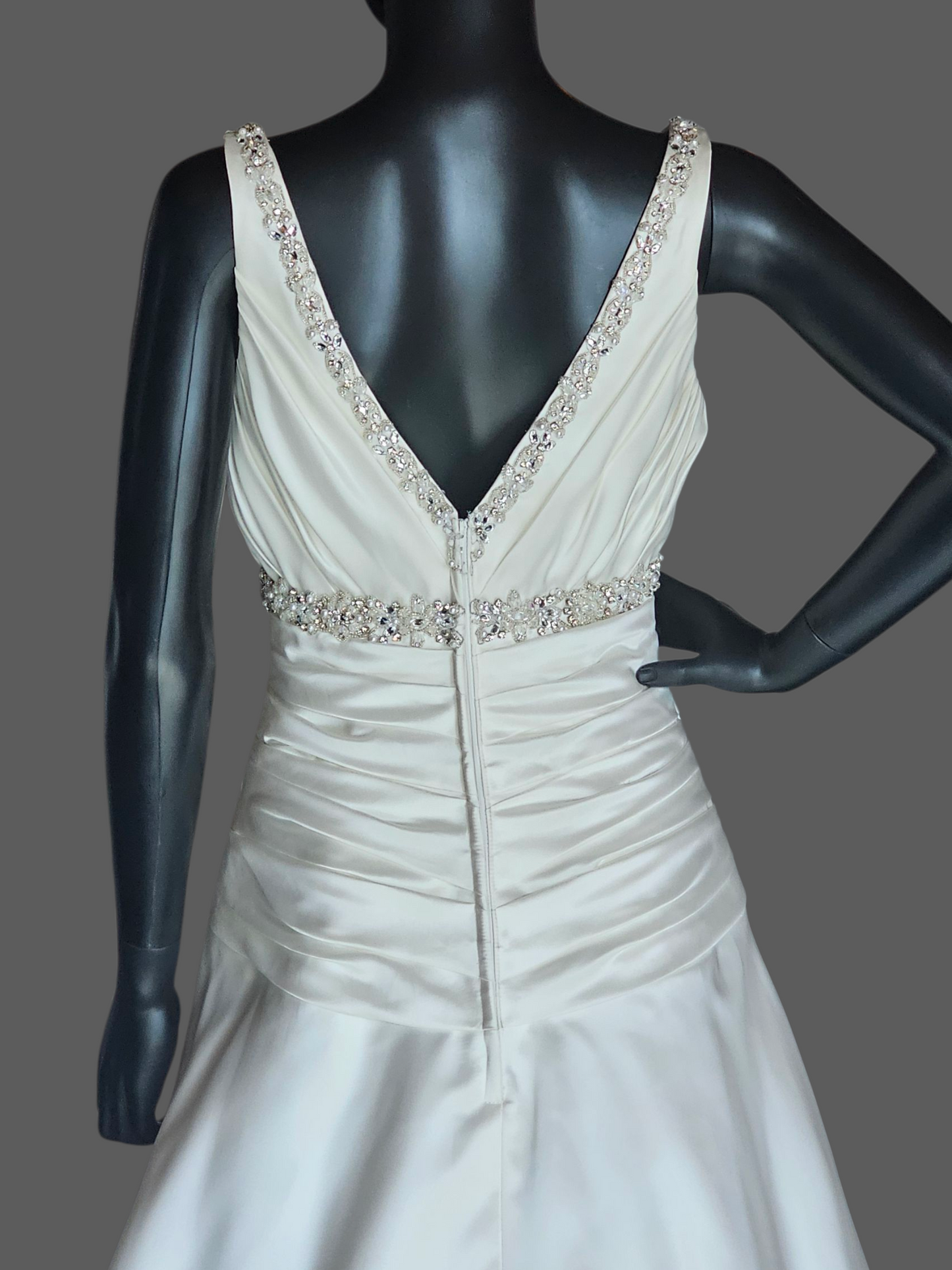 Ivory Satin V-Neck Jewel Detail A-Line Wedding Gown - Mori Lee