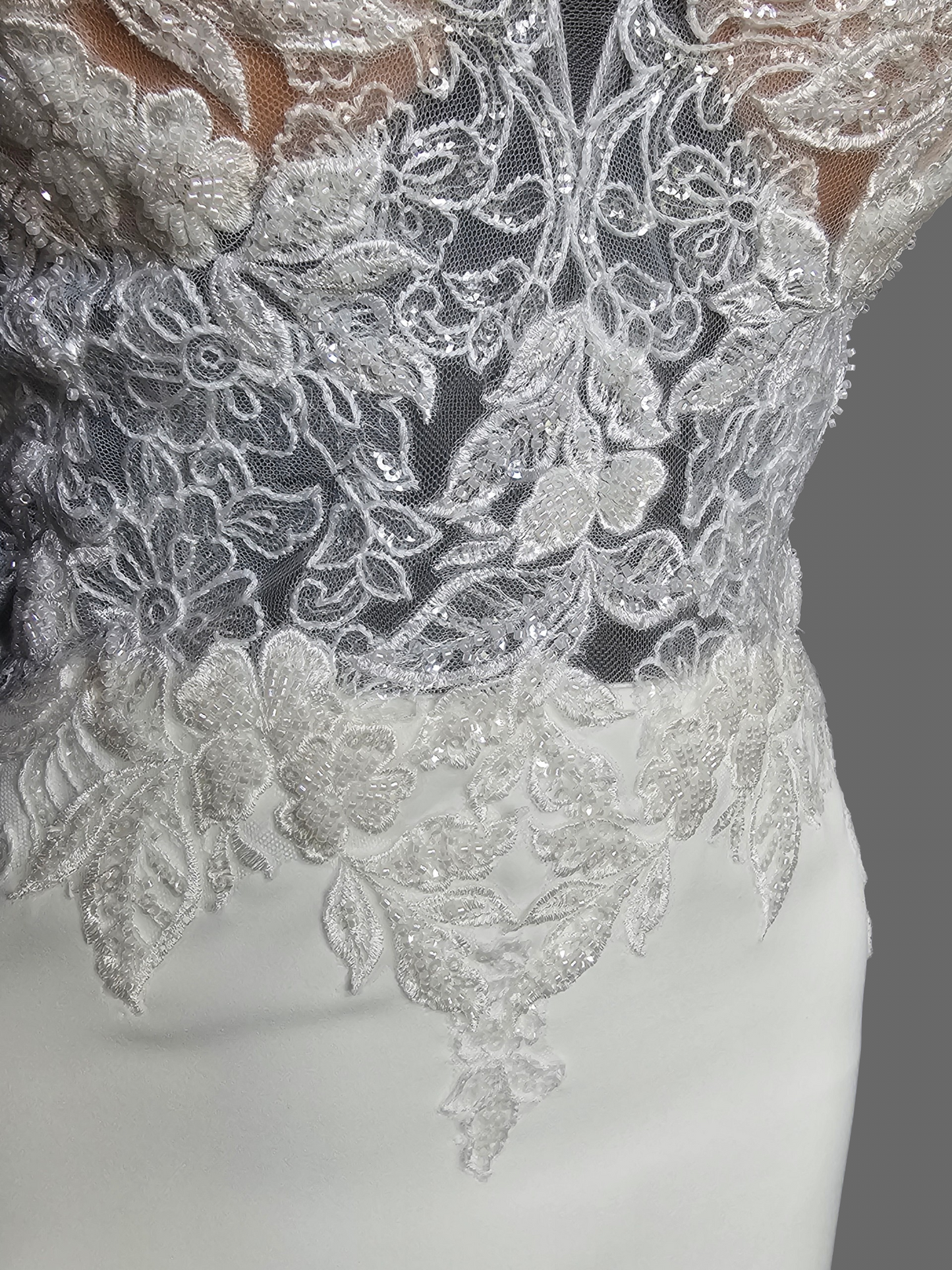 Ivory Crepe Illusion Bodice Cap Sleeve Fit/Flare Wedding Gown - Rebecca Ingram