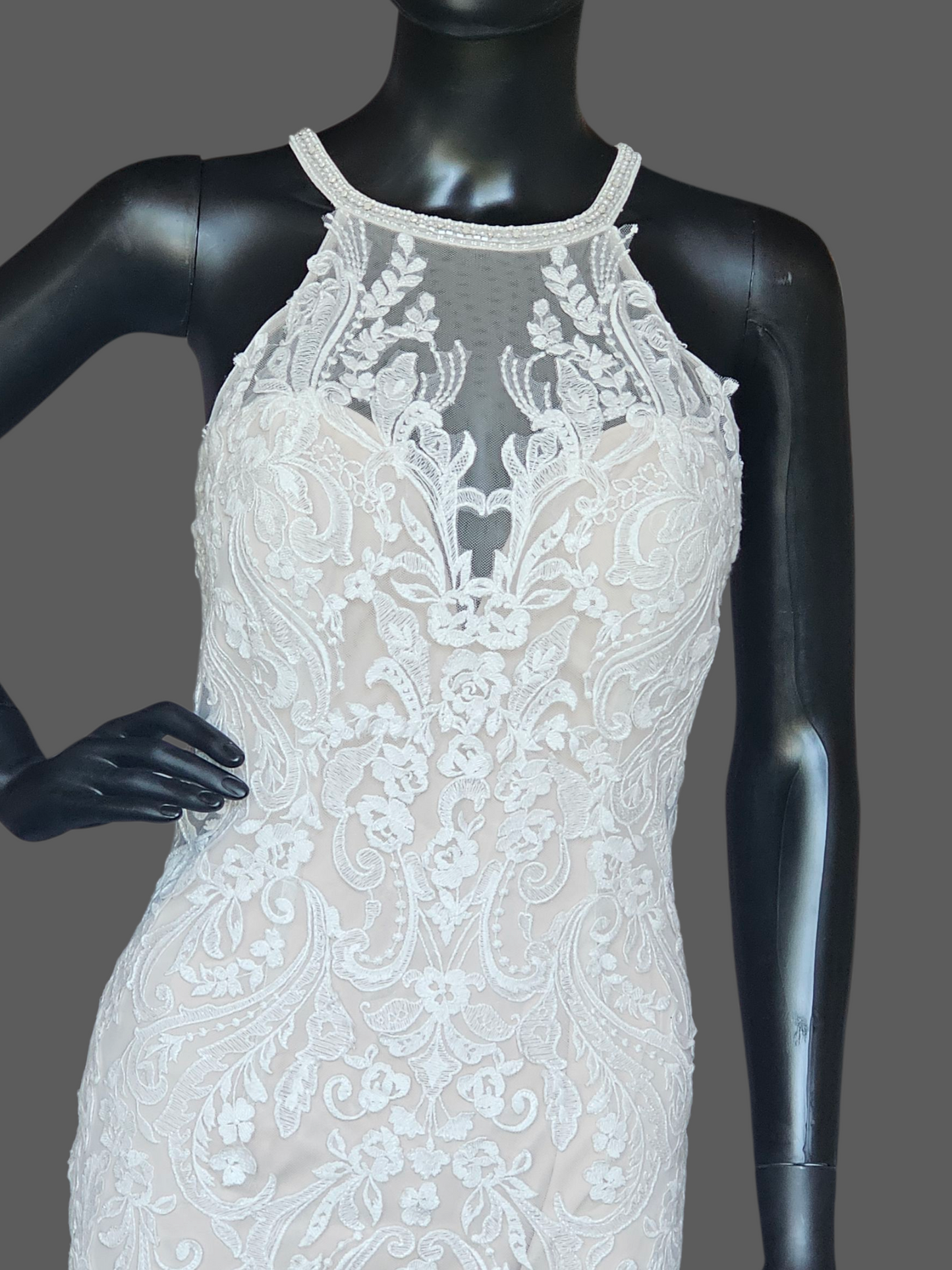 Ivory/Cappuccino Lace Halter Fit/Flare Scallop Train Wedding Gown - Mori Lee