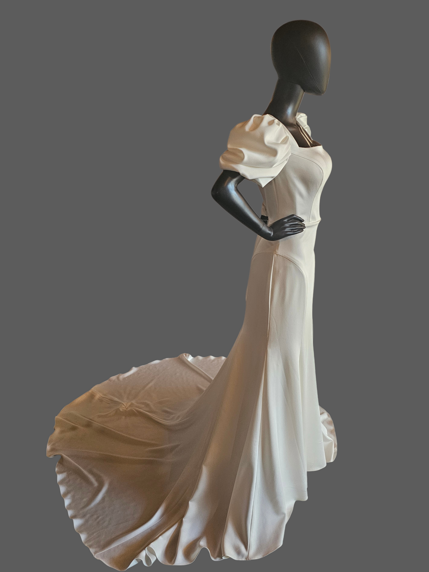 Ivory Silky Satin Fitted Square Neck Puff Sleeve Minimalist Wedding Gown - Casablanca