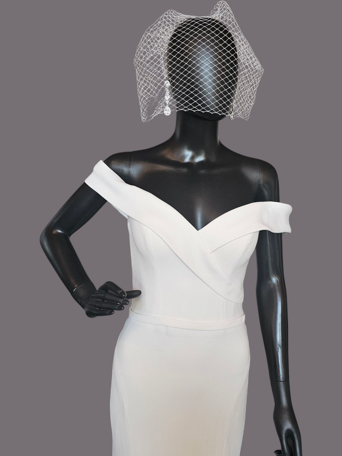 Ivory Off Shoulder Fitted Crepe Wedding Gown