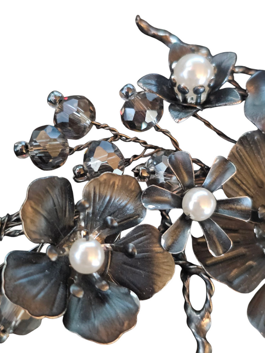 Gunmetal Floral/Pearl Hair Comb - Marionat