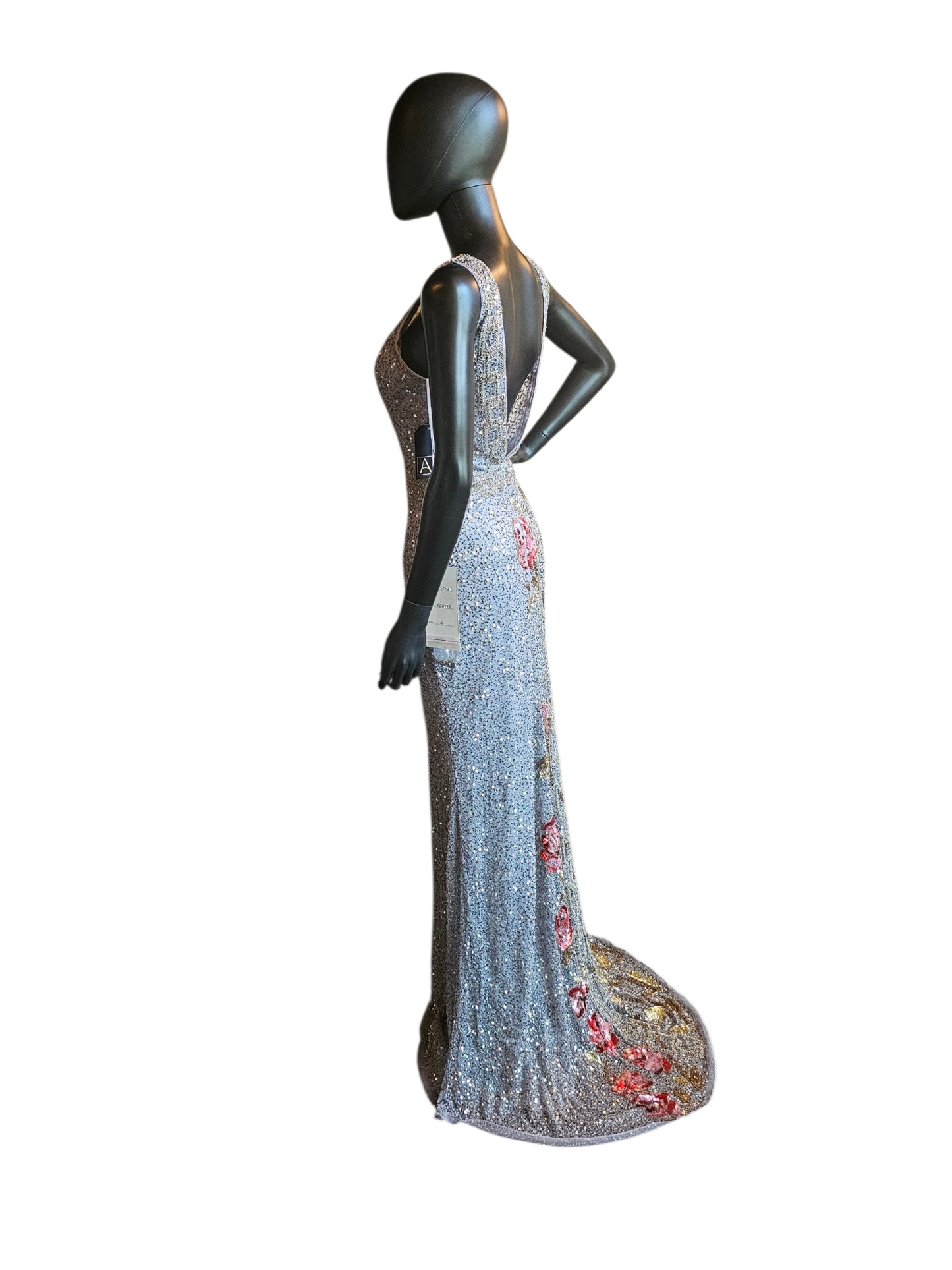 Pewter/Gold/Rose Fully Beaded V-Neck Fitted Maxi Formal/Gala/Prom Dress - Primavera