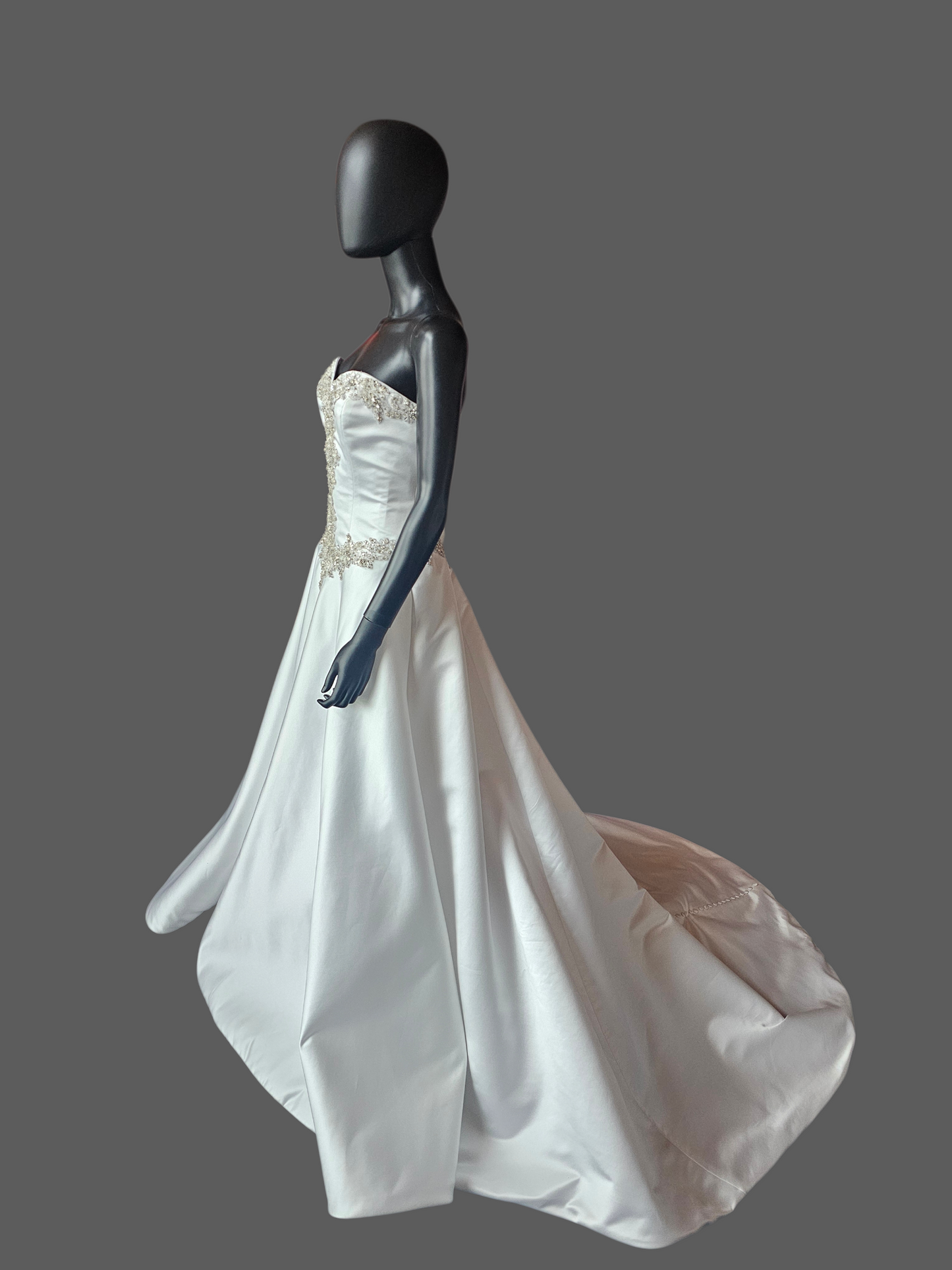 White Satin Basque Waist Strapless Sweetheart Wedding Gown - Mori Lee