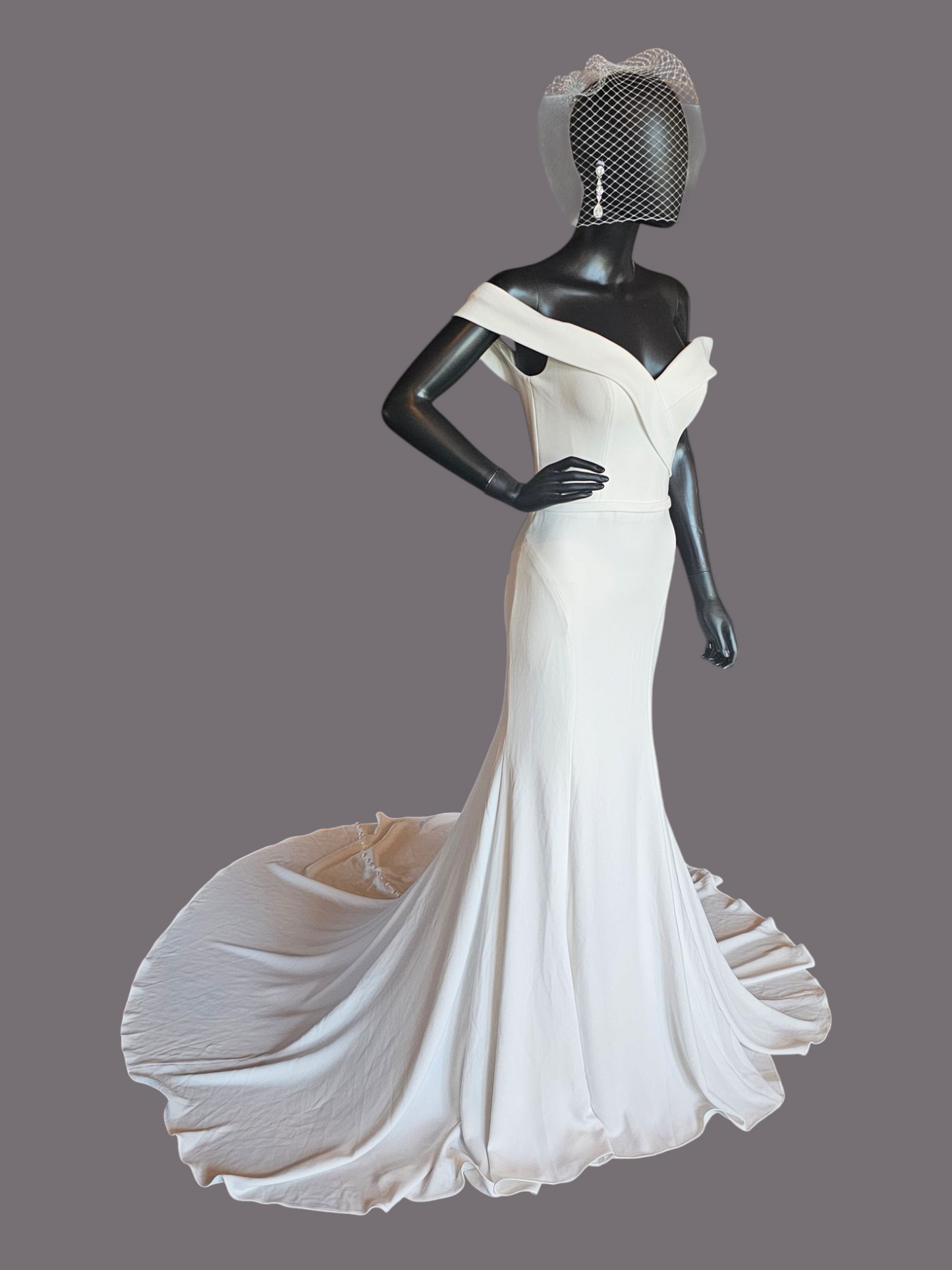 Ivory Off Shoulder Fitted Crepe Wedding Gown
