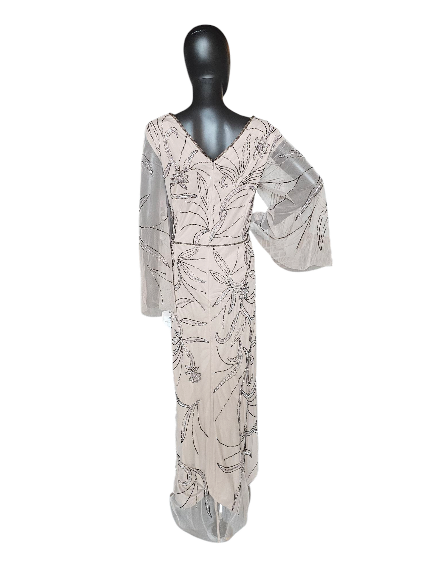 Taupe Beaded Mesh Bell Sleeve Formal Gown - Adrianna Papell