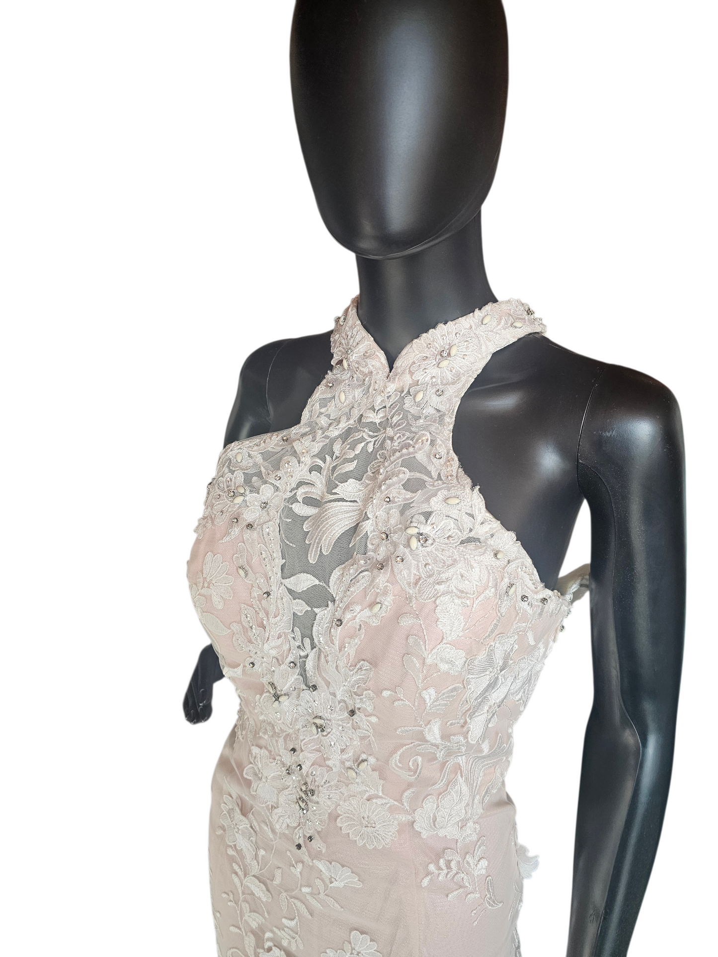 Rose/Ivory Lace Halter Fit/Flare Prom/Party Formal Dress - Mori Lee