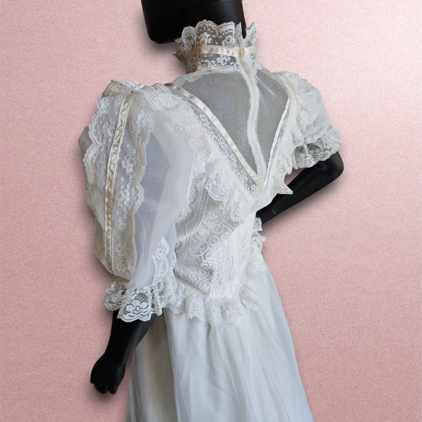 Vintage Victorian Lace High Collar Short Sleeve Wedding Gown