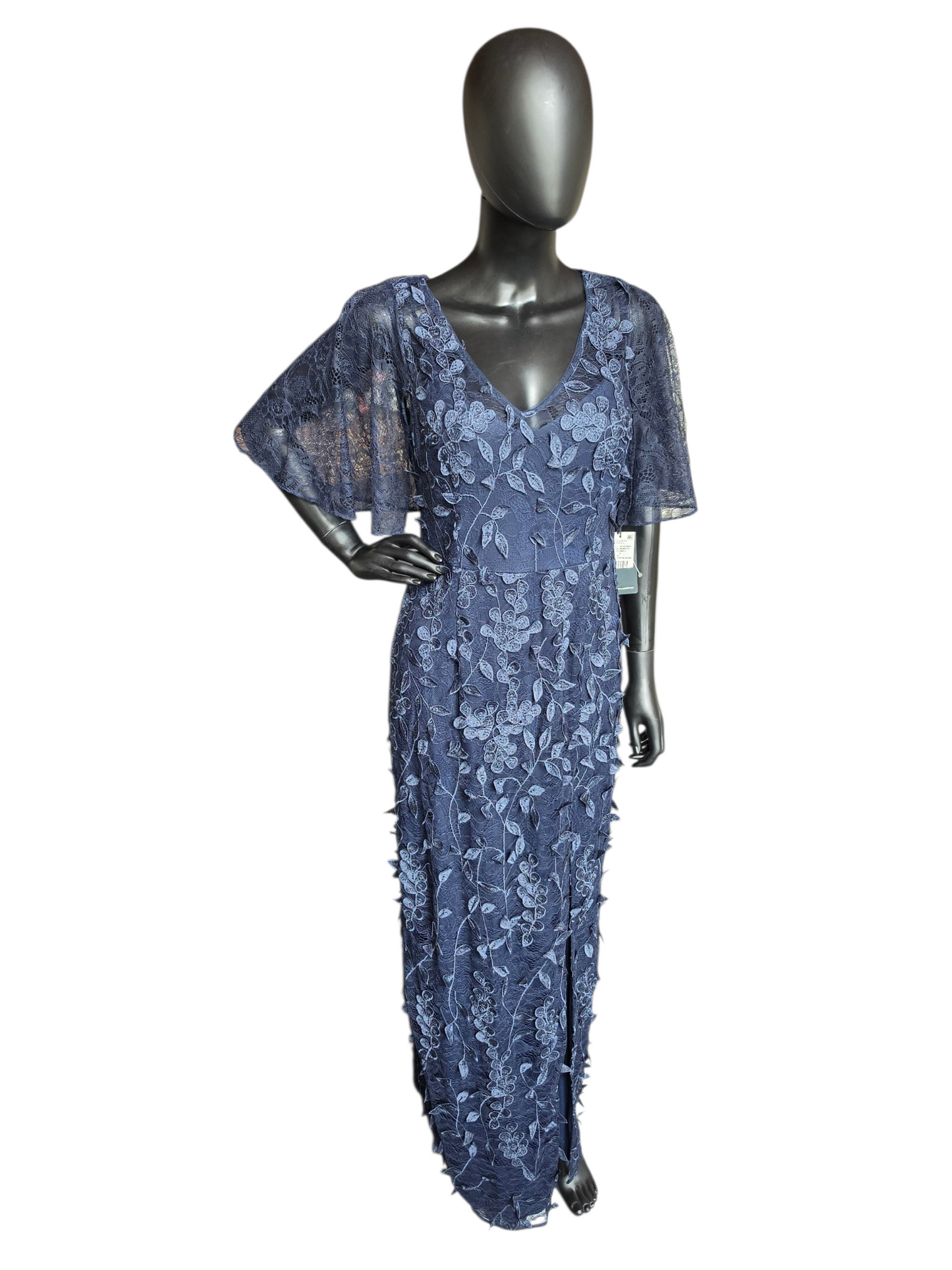 Navy 3D Floral Flutter Illusion Sleeves V-Neck Fit/Flare Slit Formal/Moms Dress  - Adrianna Papell