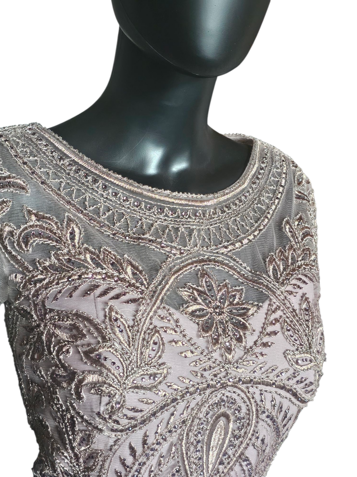 Lilac Chiffon Cap Sleeve Embroidered Formal Gown - MGNY