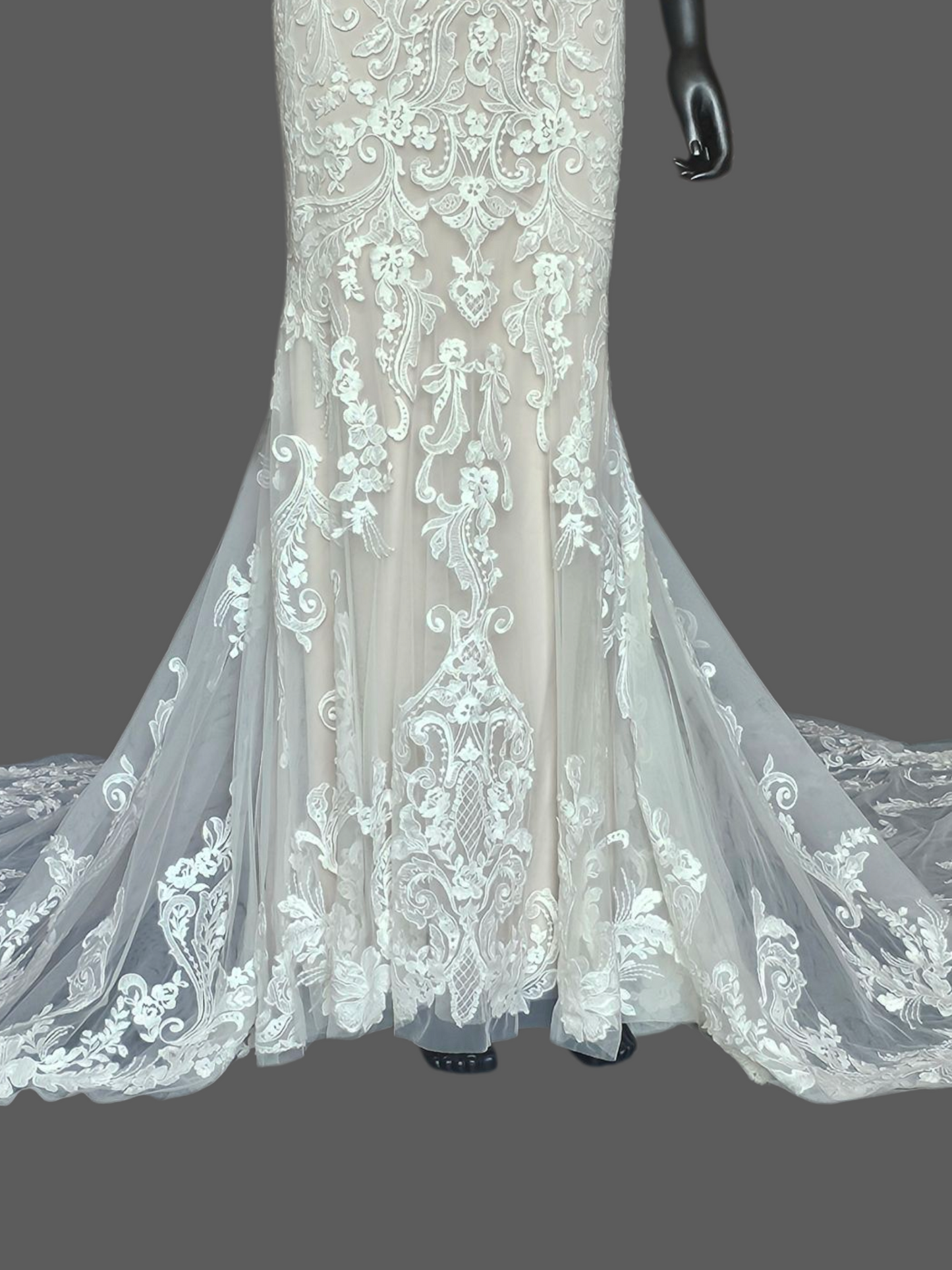 Ivory/Cappuccino Lace Halter Fit/Flare Scallop Train Wedding Gown - Mori Lee