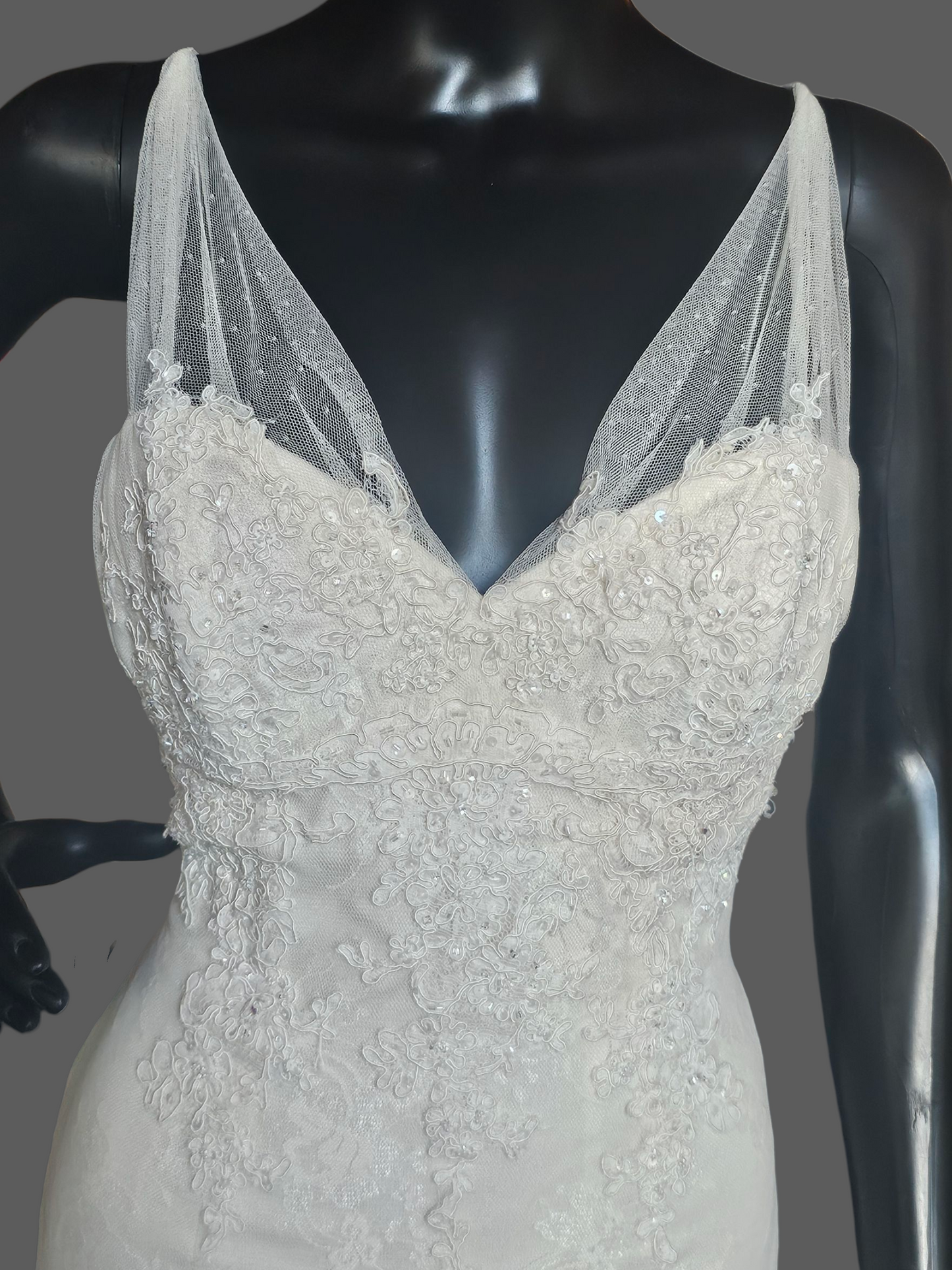Dark Ivory Lace Fit/Flare V-Neck Wedding Gown - Pronovias