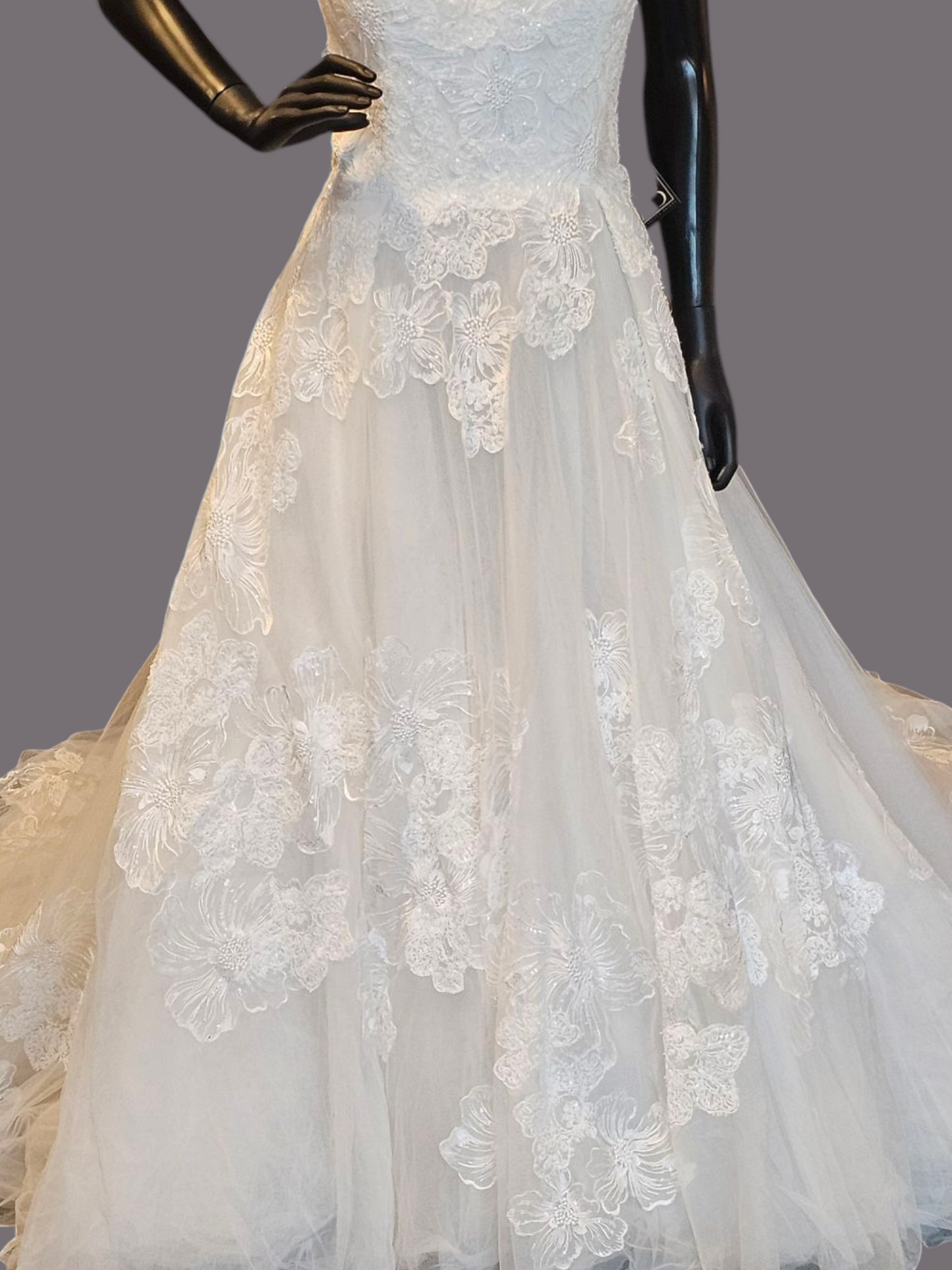 Ivory V-Neck Full Skirt Large Scale Floral Embellished Wedding Gown - Adrianna Papell