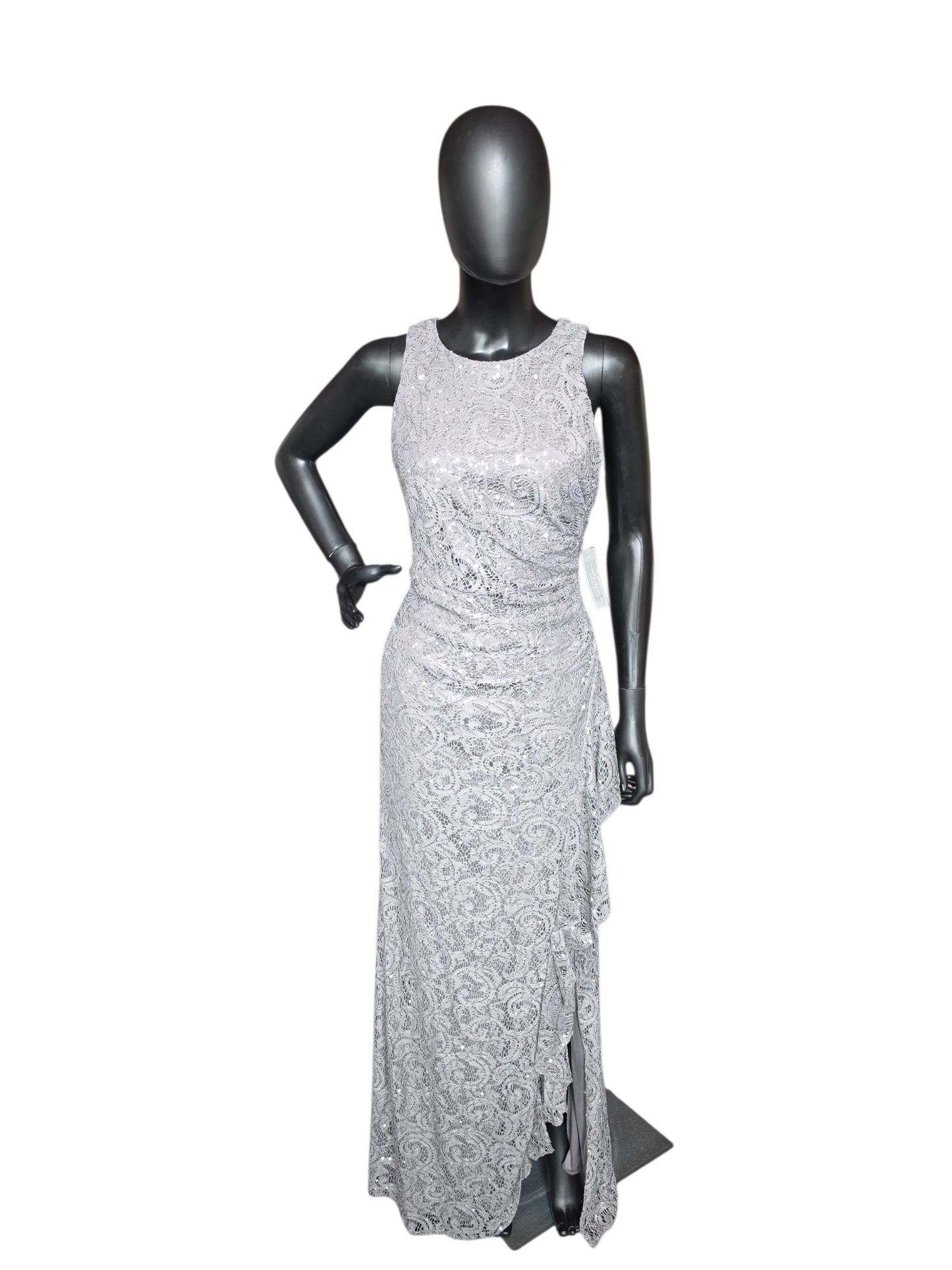 Pewter Sparkle Fit/Flare High Scoop Stretch Lace Side Ruched Slit Moms/Formal Dress - Alex Evenings
