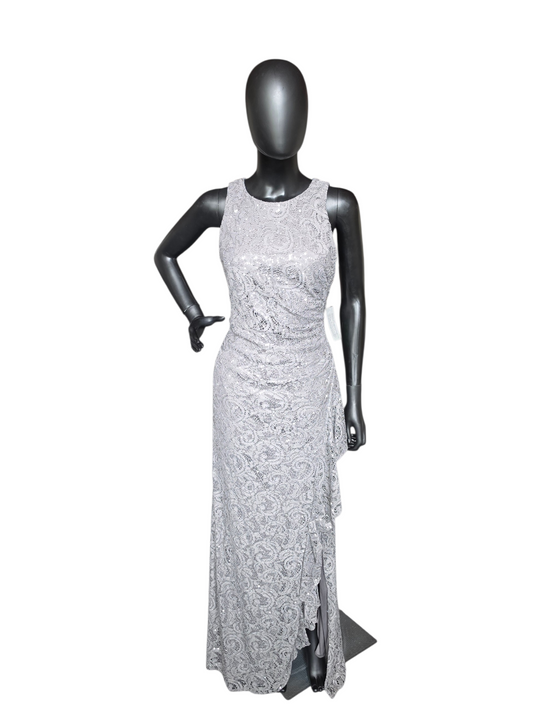 Pewter Sparkle Fit/Flare High Scoop Stretch Lace Side Ruched Slit Moms/Formal Dress - Alex Evenings