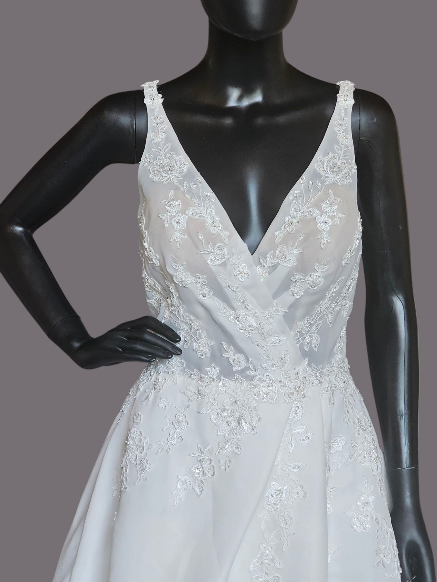 V-Neck Illusion Full Skirt Wedding Gown  - Madeline Gardner