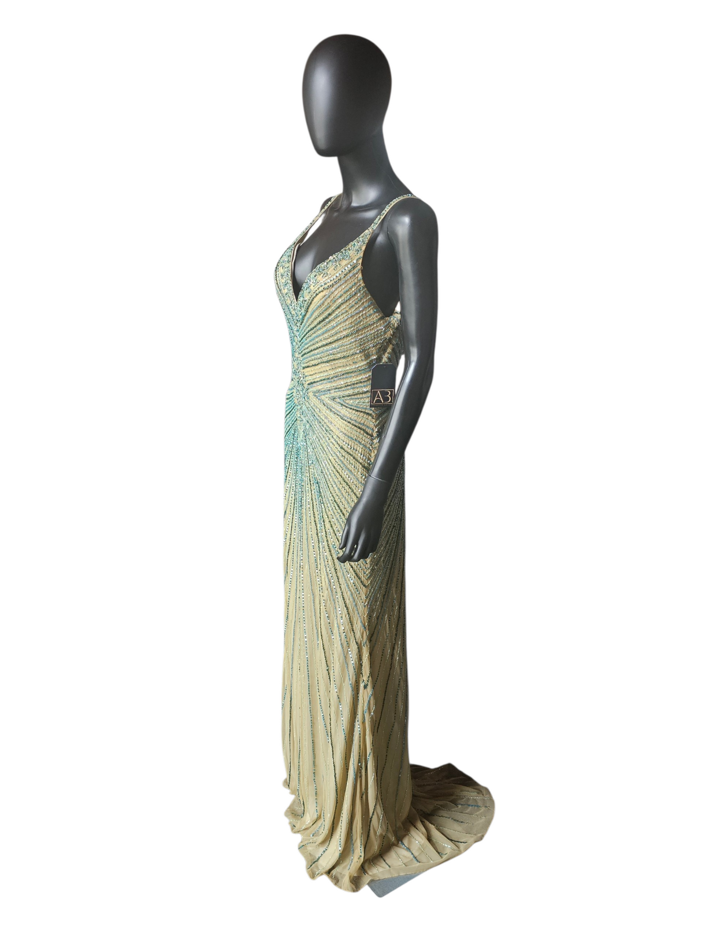 Nude/Green Large Scale Beaded Design V-Neck Fit/Flare Open Back Mom/ Formal/prom Dress - Primavera
