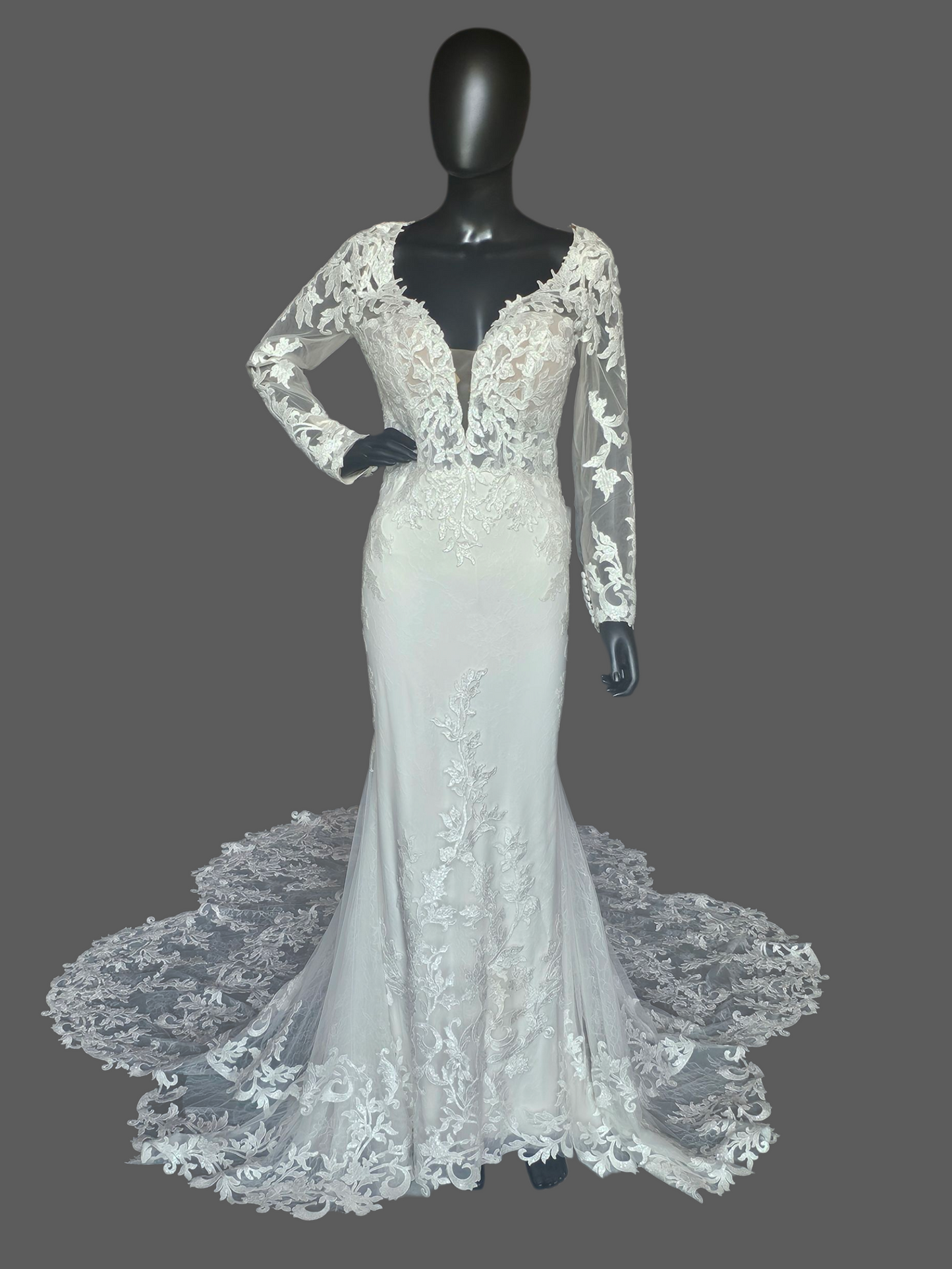 Ivory Lace Overlay Long Sleeve Plunge Fit/Flare Scallop Train Wedding Gown - Mori Lee