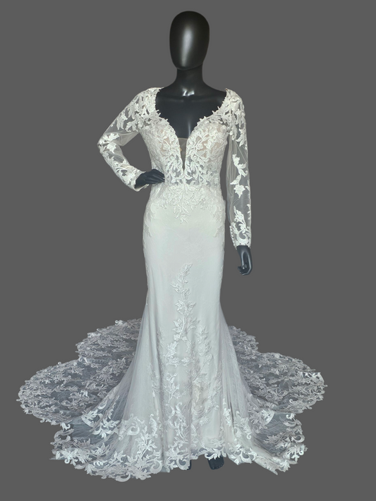 Ivory Lace Overlay Long Sleeve Plunge Fit/Flare Scallop Train Wedding Gown - Mori Lee