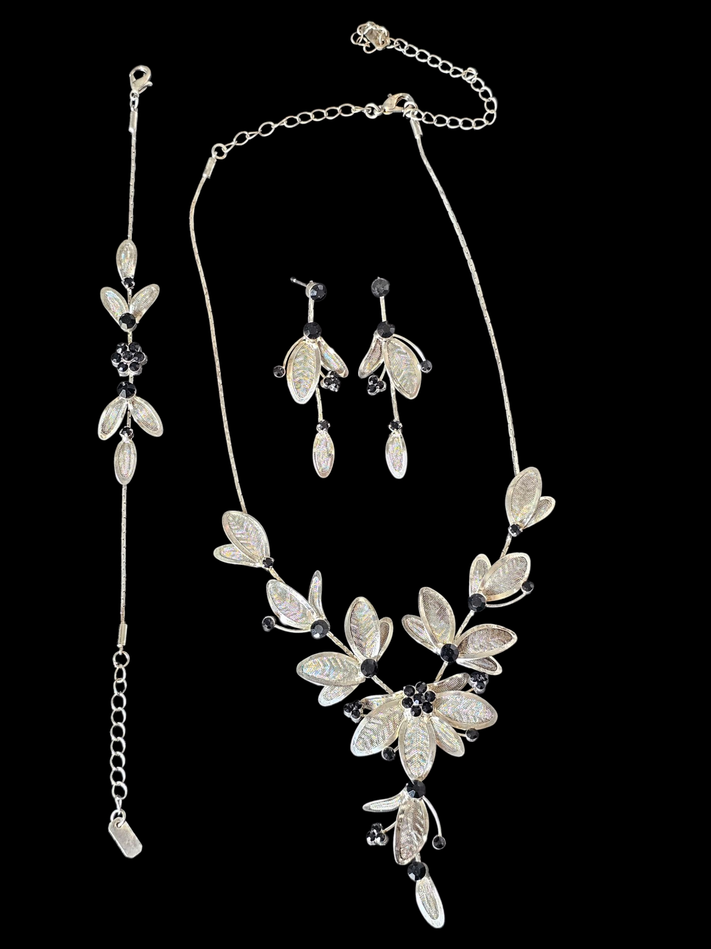 Silver/Black Crystal Mesh Leaf 3-Piece Jewelry Set