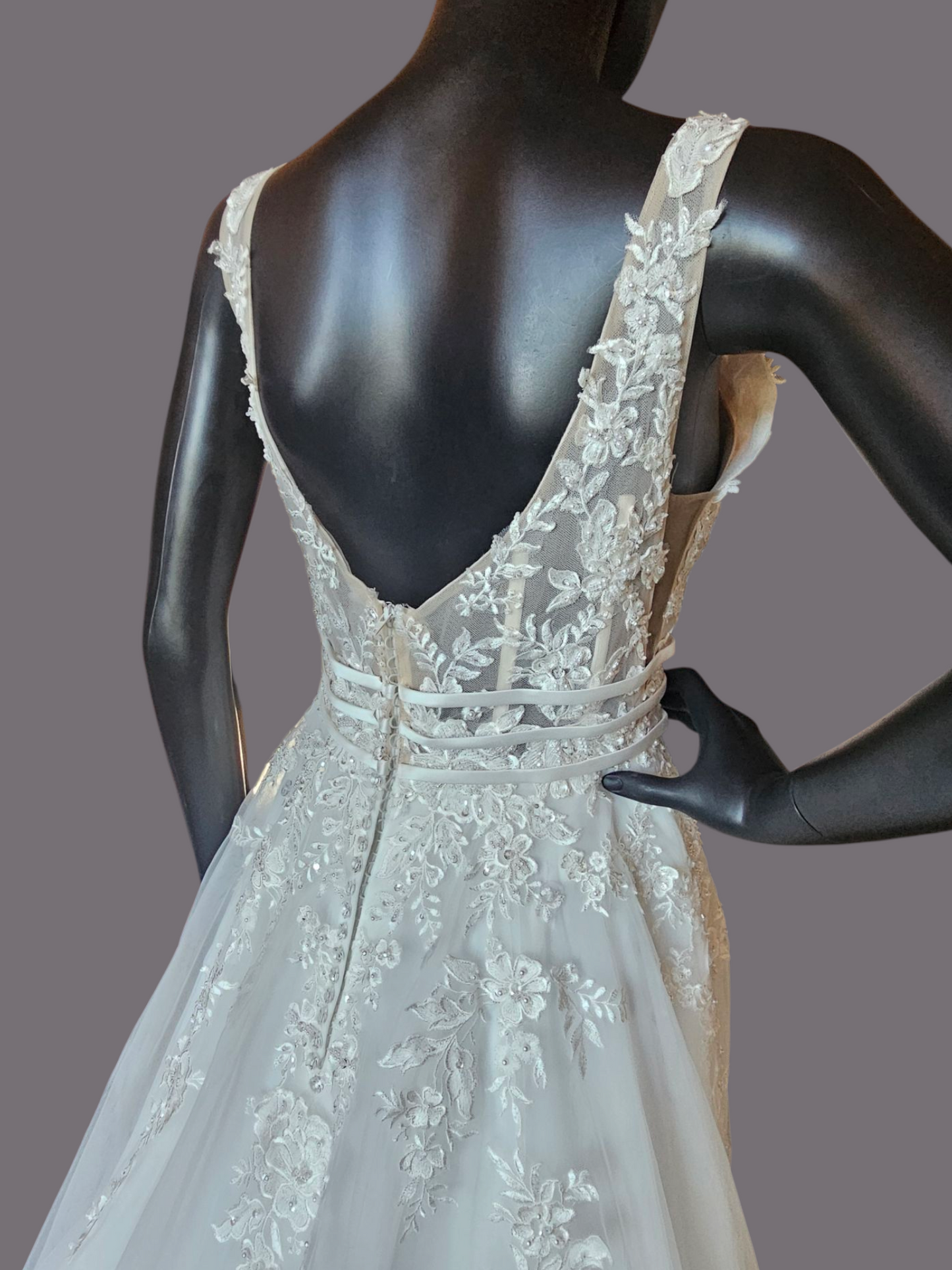 Ivory A-Line Illusion Bodice Floral Applique Wedding Gown - Bliss Bridal