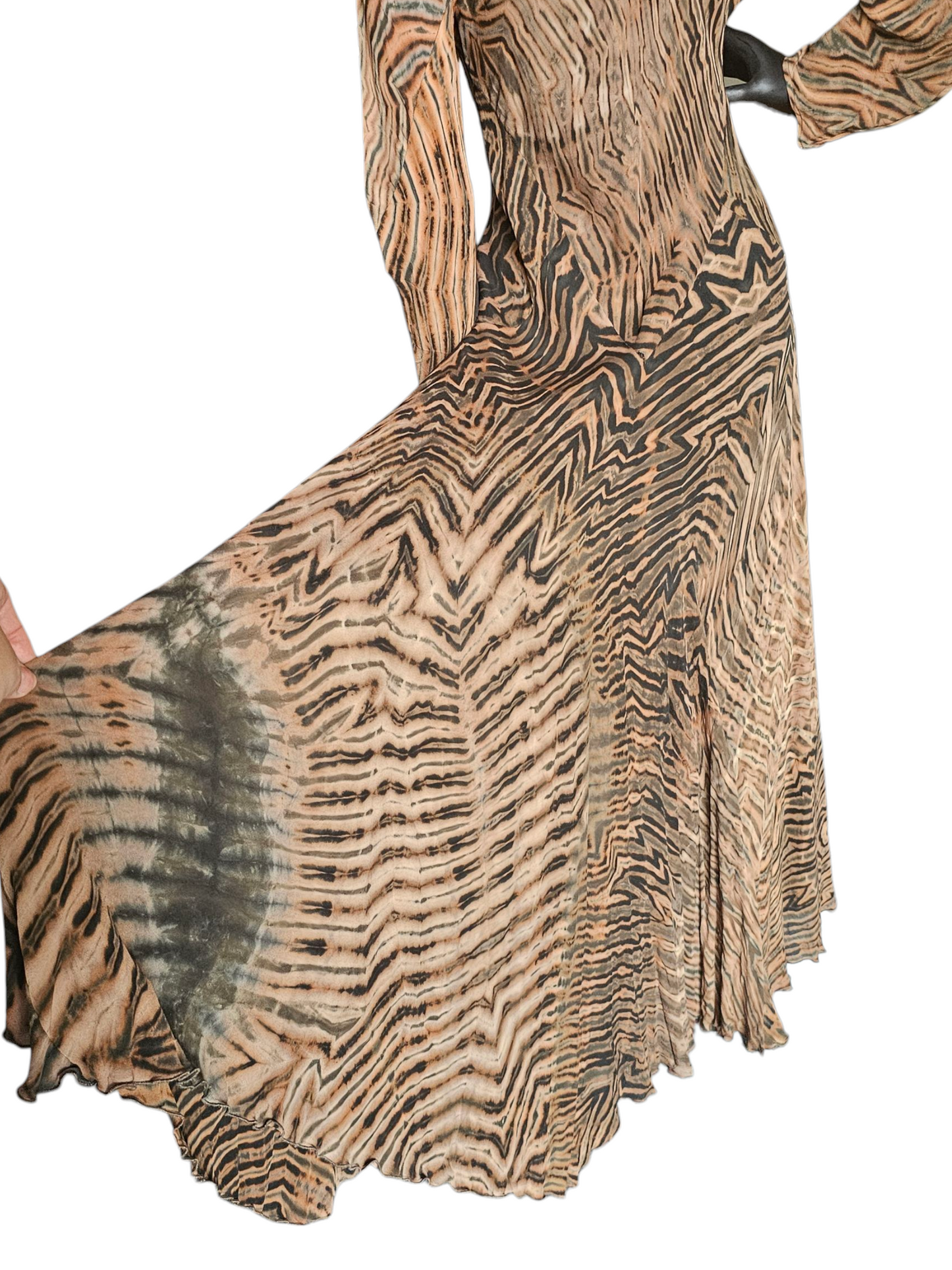 Brown/Black Shibori Silk Hand Dyed Bias Cut Maxi Swing Dress - Carter + Teri