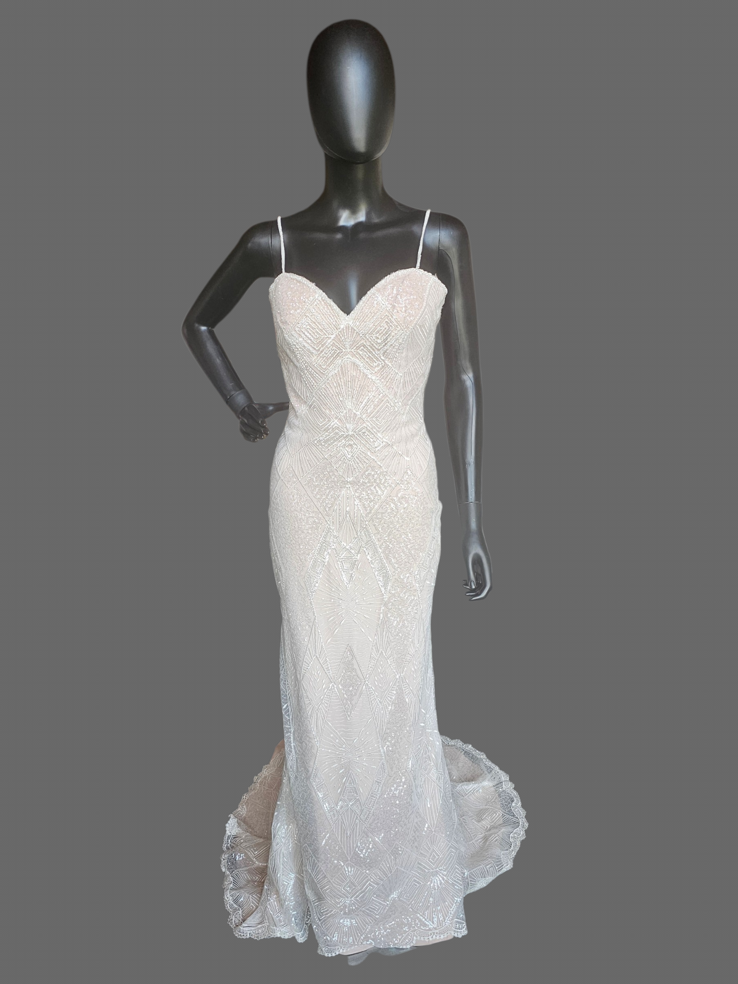 Nude Art Deco Inspired Embroidered Sequin Fit/Flare Wedding Gown - Davinci