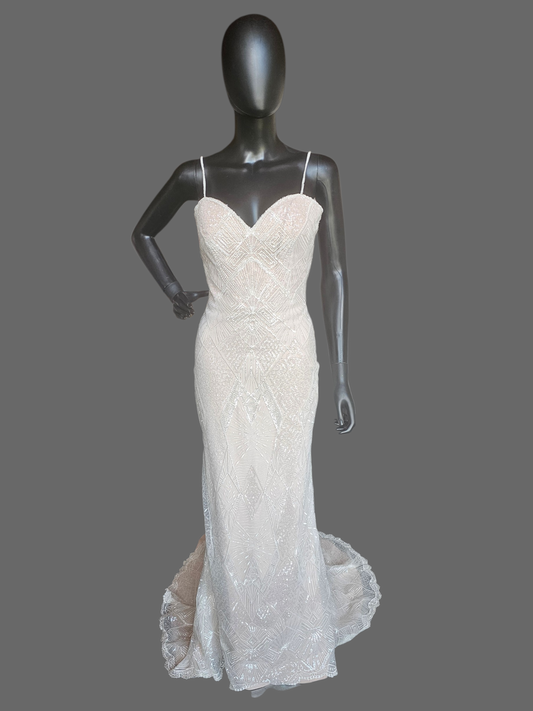 Nude Art Deco Inspired Embroidered Sequin Fit/Flare Wedding Gown - Davinci