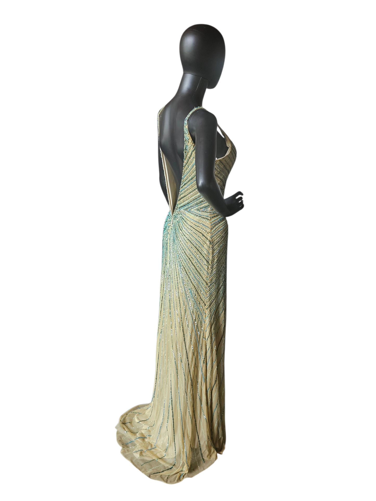 Nude/Green Large Scale Beaded Design V-Neck Fit/Flare Open Back Mom/ Formal/prom Dress - Primavera