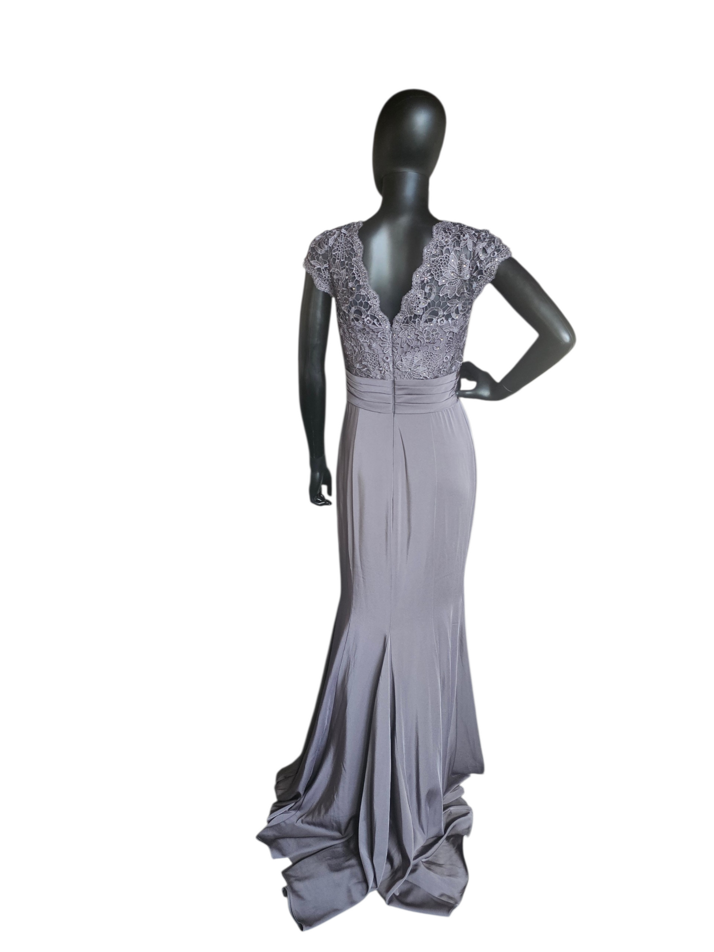 Slate Lace Cap Sleeve Fit/Flare  Rhinestone Detail Belt design Train Formal Dress - Alyce
