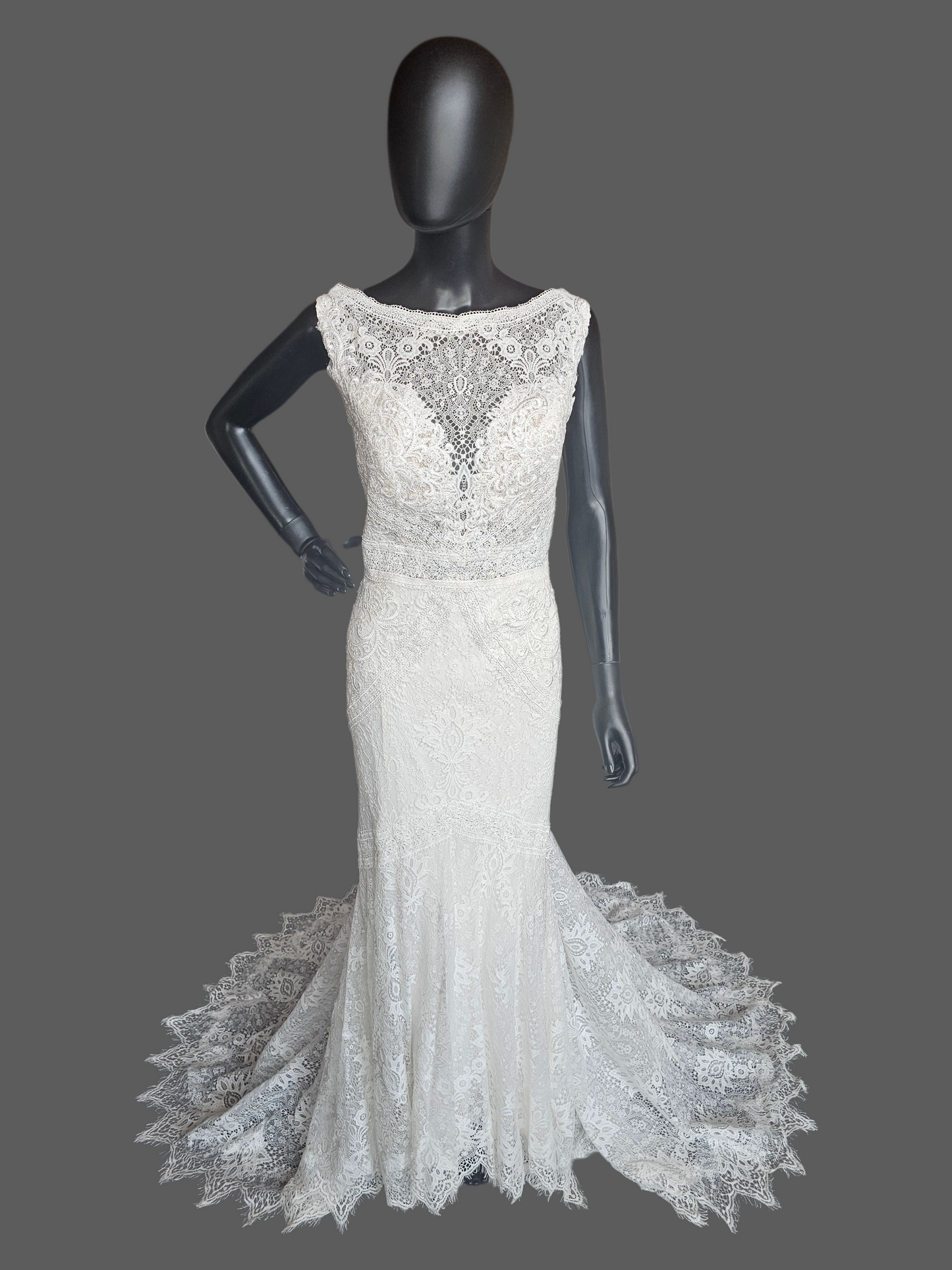 Boatneck Lace Ivory Fit/Flare Boho Wedding Gown - Lillian West
