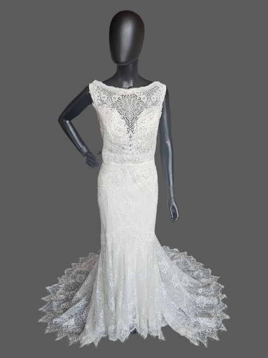 Boatneck Lace Ivory Fit/Flare Boho Wedding Gown - Lillian West