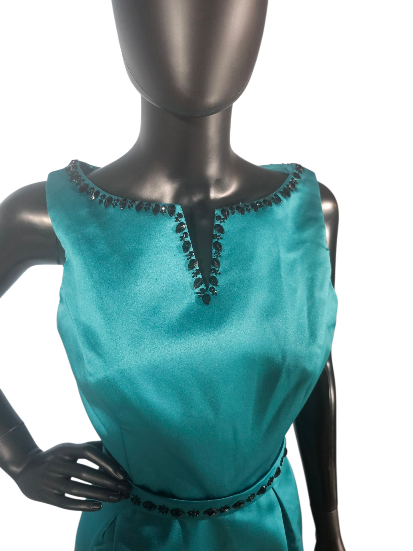 Teal Satin/Black Crystal A-Line Cocktail Dress - Da Vinci