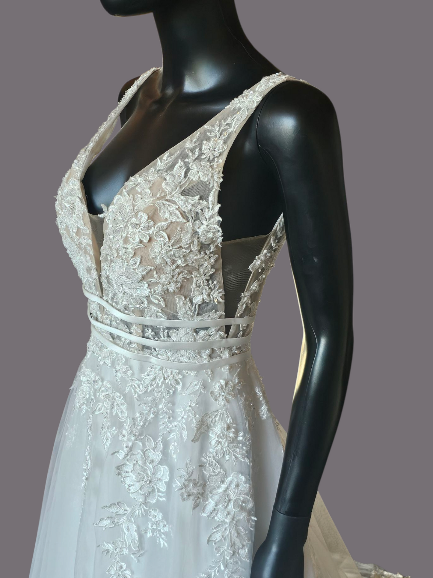 Ivory A-Line Illusion Bodice Floral Applique Wedding Gown - Bliss Bridal