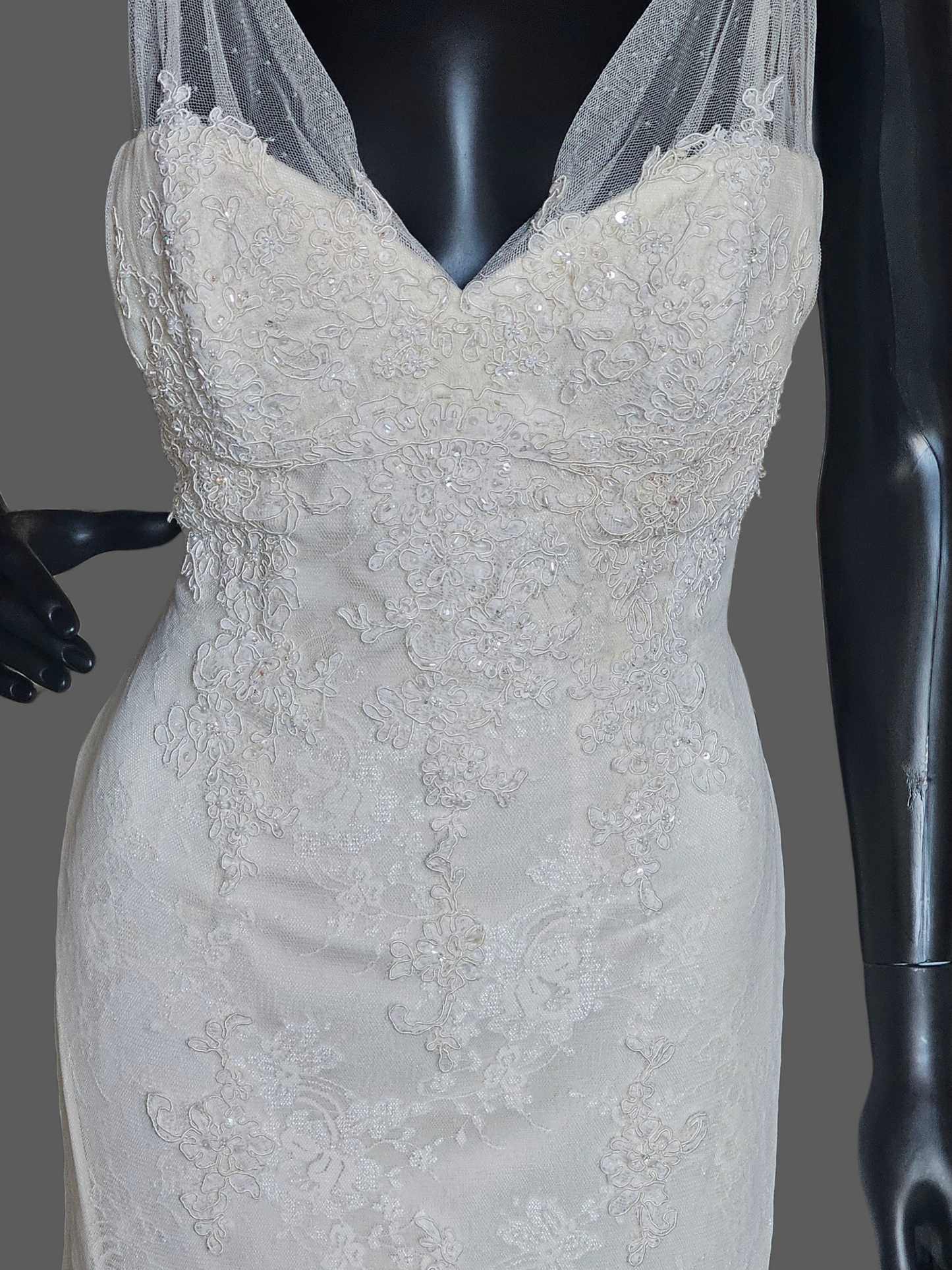 Dark Ivory Lace Fit/Flare V-Neck Wedding Gown - Pronovias