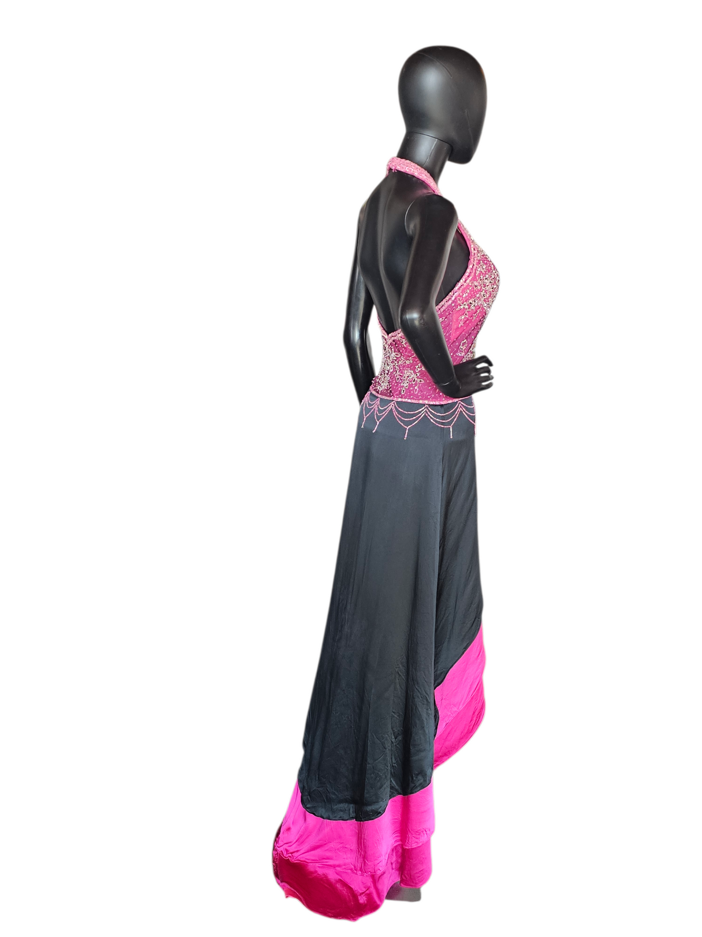 Vintage Y2K 100% Silk Pink/Black Halter High Low Hem Dress - Cassandra Stone