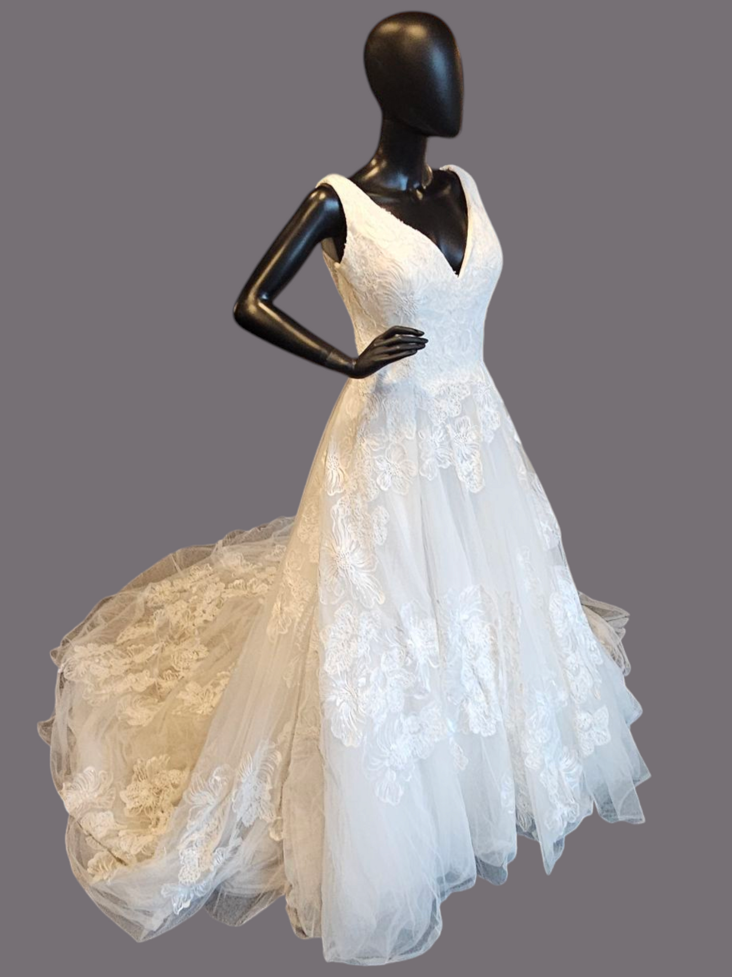 Ivory V-Neck Full Skirt Large Scale Floral Embellished Wedding Gown - Adrianna Papell